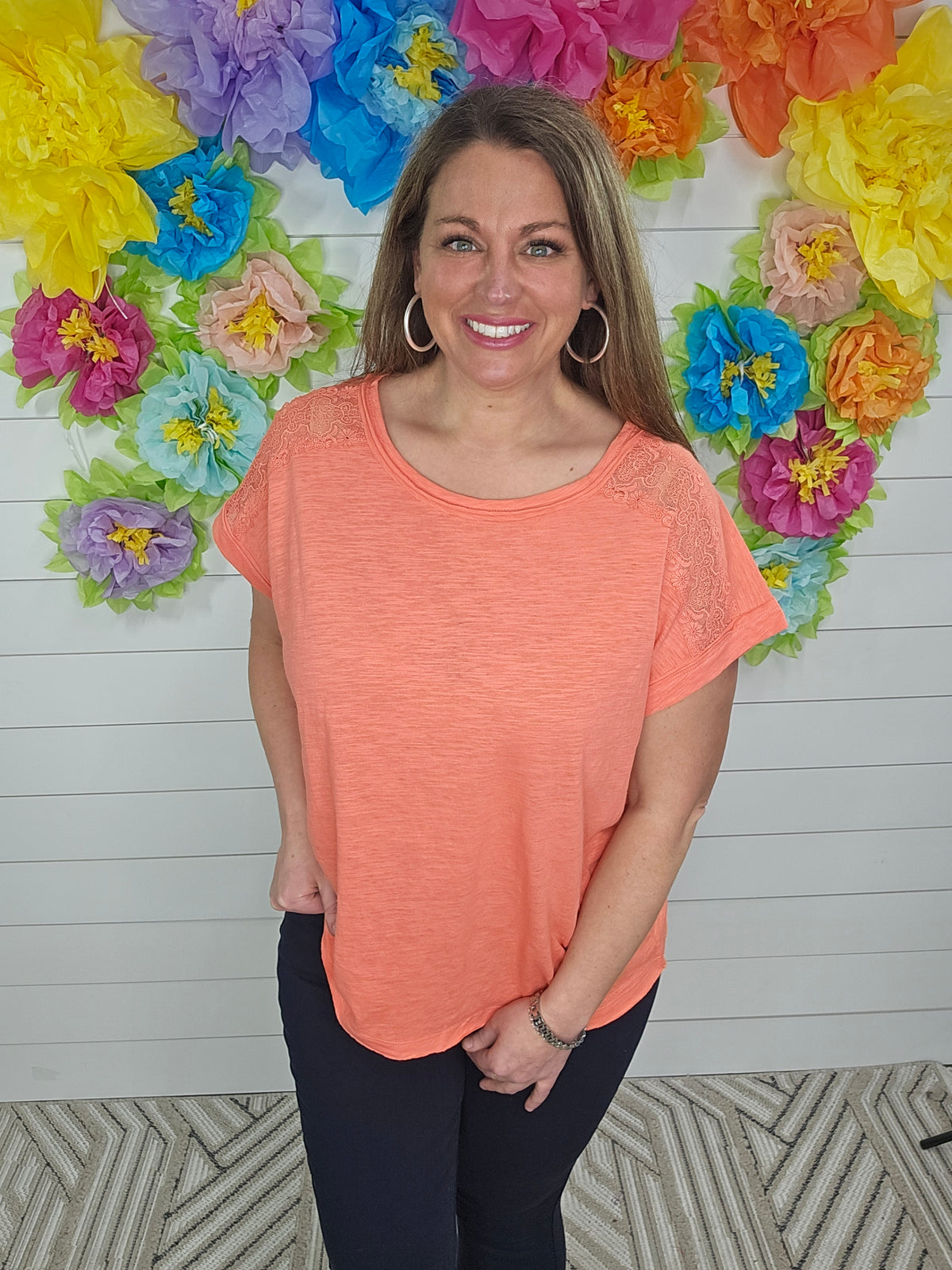 CORAL LACE TRIM COTTON TOP