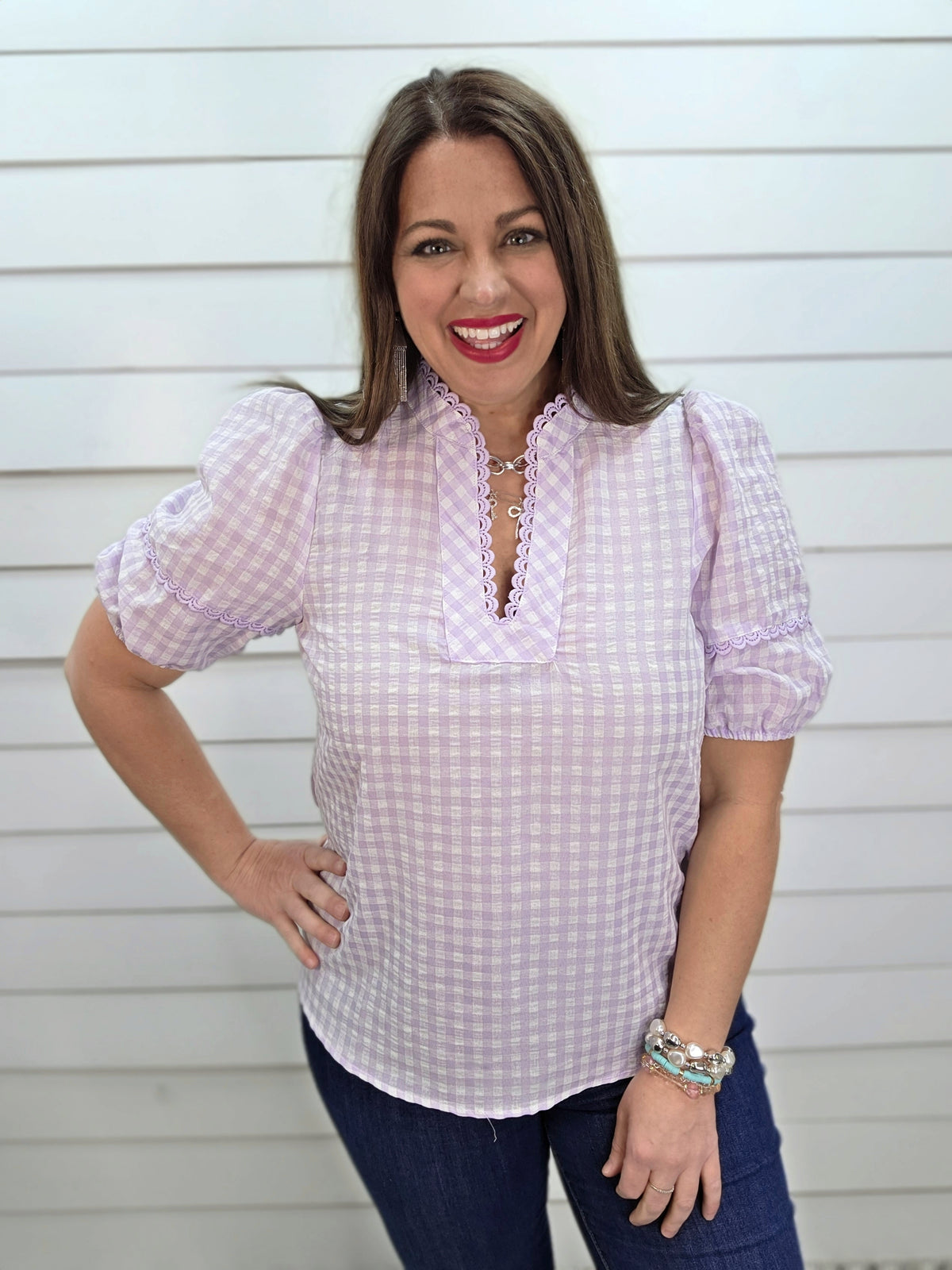 LAVENDER GINGHAM PUFF SLEEVE V NECK TOP W/ SCALLOPED TRIM