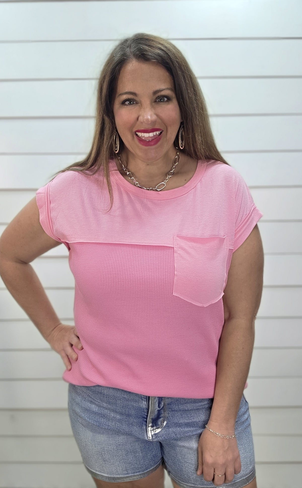 PINK WAFFLE CONTRAST KNIT POCKET TOP