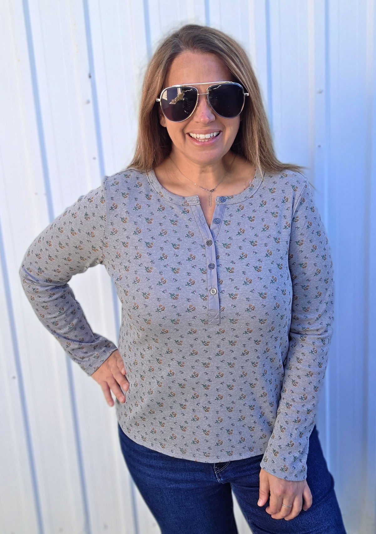HEATHER GREY Henry Button Nk, Long sleeve, Floral Printed Rib Top