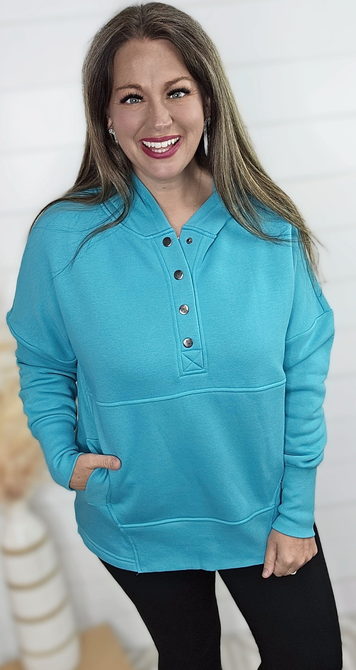 TURQUOISE SNAP HALF BUTTON HOODED FLEECE PULLOVER