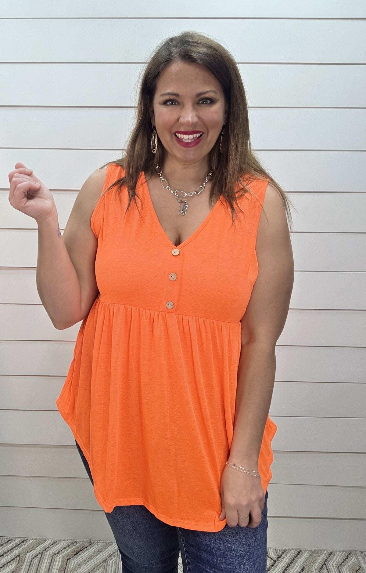NEON ORANGE FAUX BUTTON BABYDOLL TANK