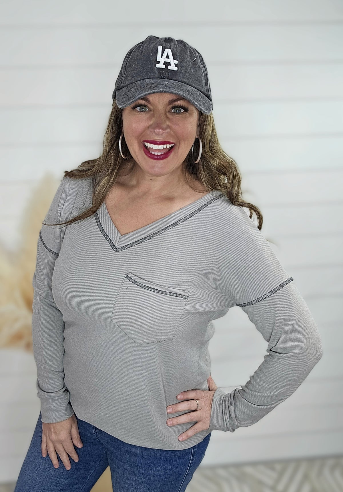 GREY BRUSHED RIBBED V NECK POCKET TOP