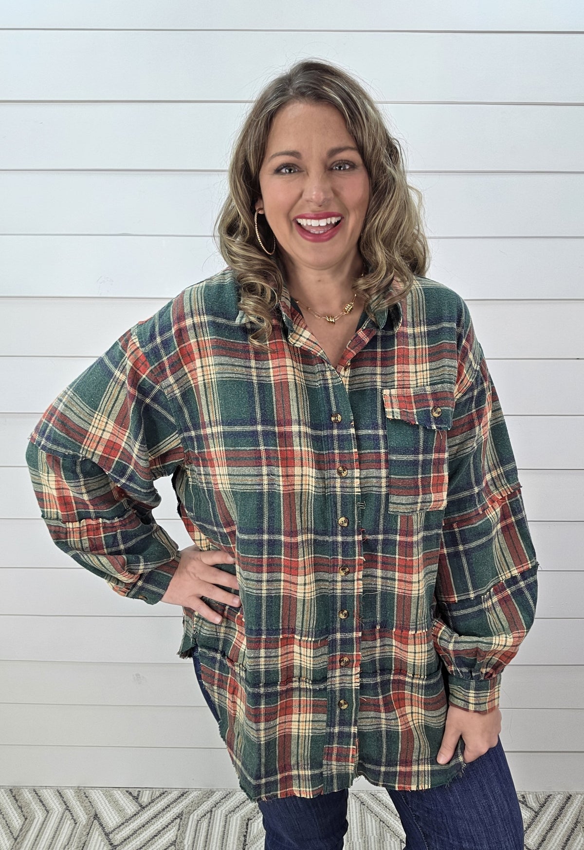 PINE GREEN PLAID OVERSIZED BUTTON DOWN FLANNEL