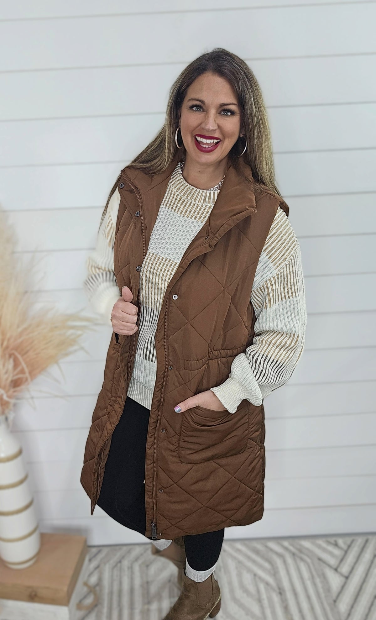 COFFEE QUILTED LONG PUFFER VEST