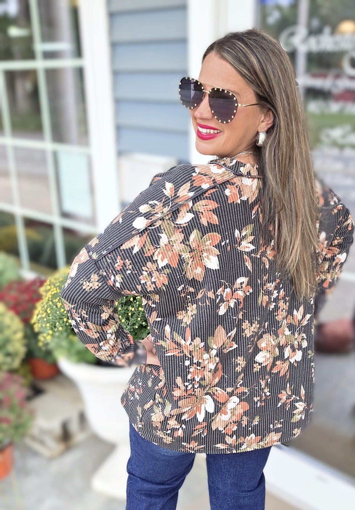 BLACK/RUST FLORAL OVERSIZED RAISED RIBBED KNIT TOP