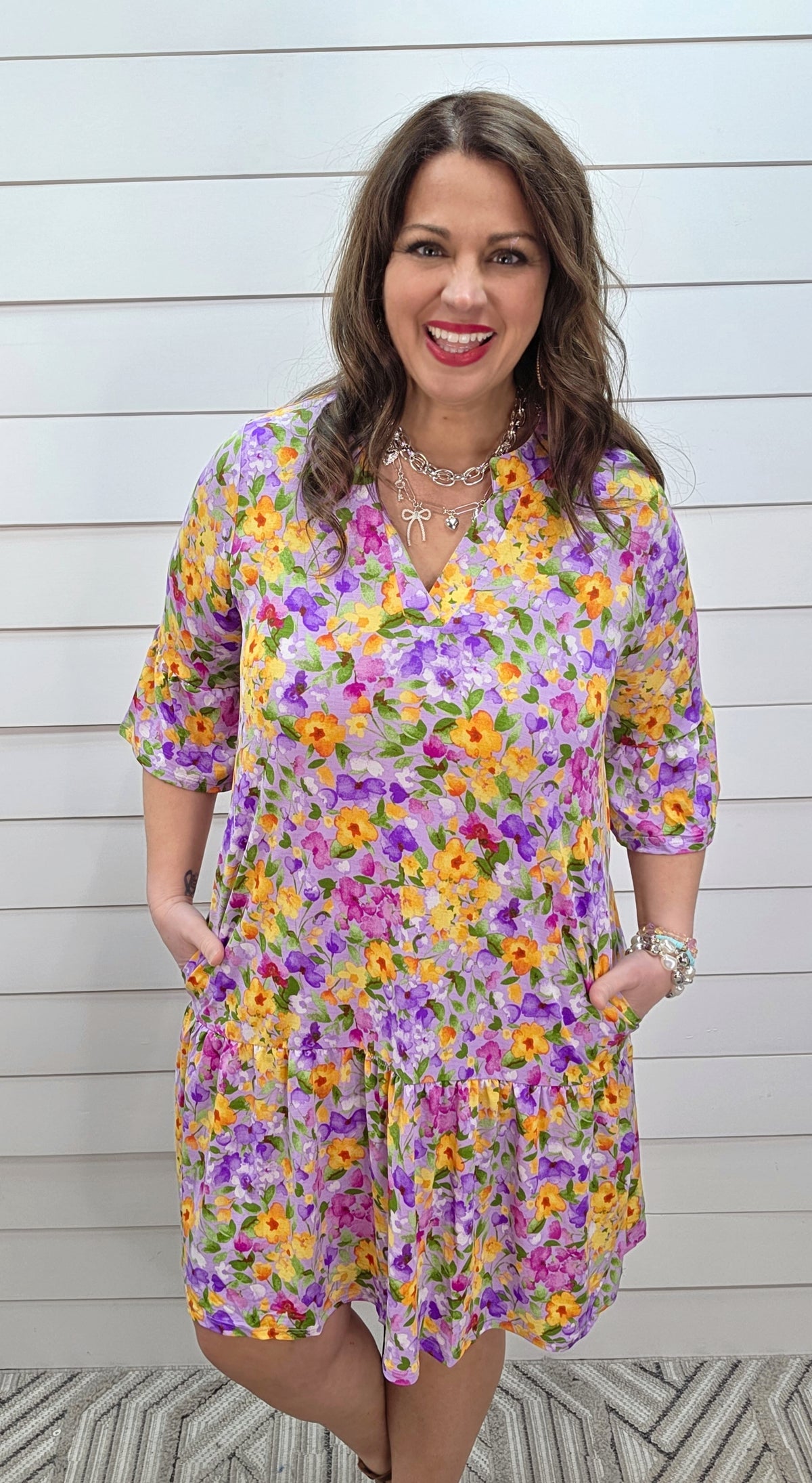 DEAR SCARLETT SUNDAY 3/4 SLEEVE RUFFLE DETAIL DRESS - LILAC/YELLOW FLORAL