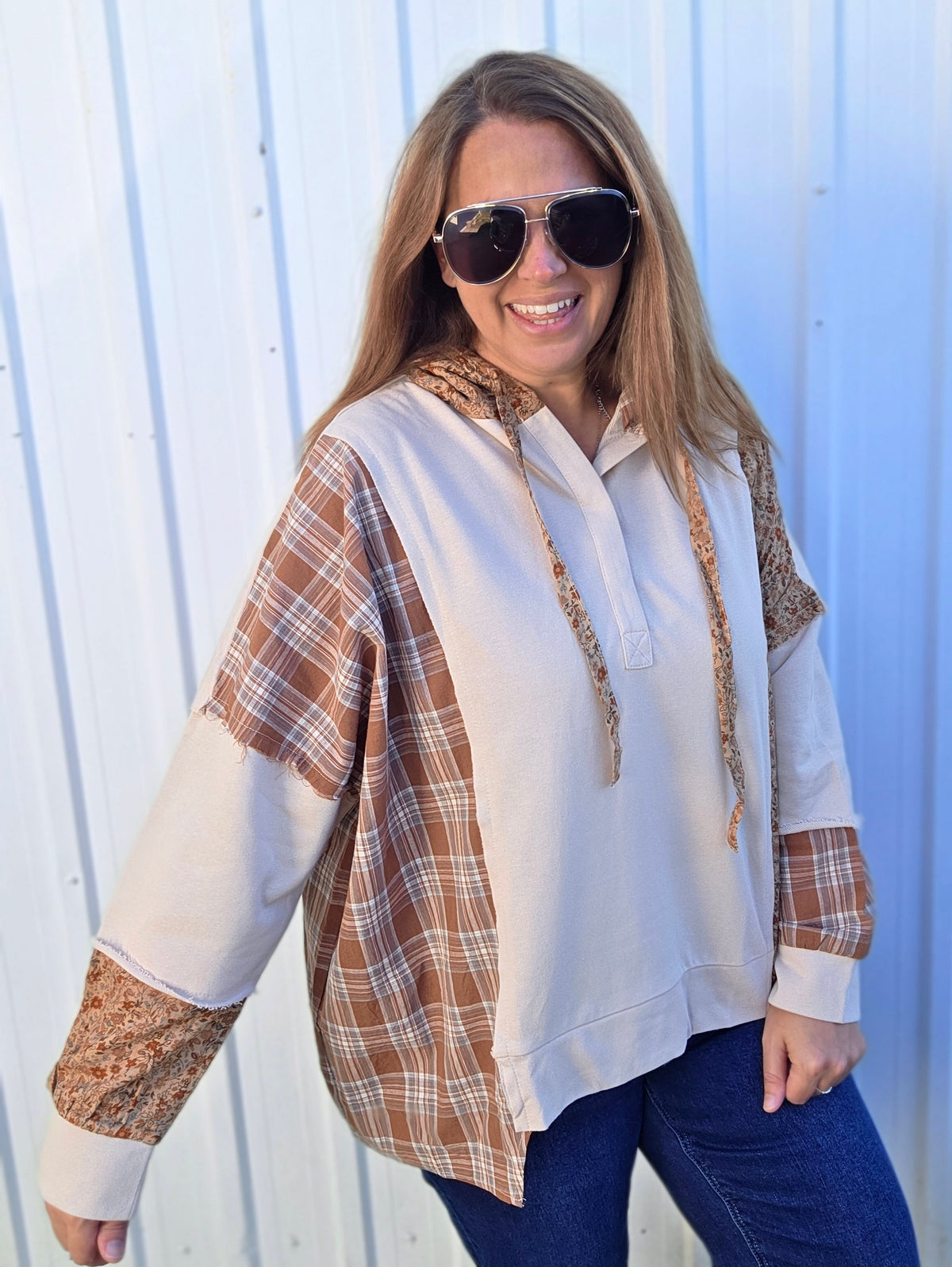 Oatmeal Snap Button Down Plaid Check Floral Print Color Block With Cut Edge Detail Drop Light Weight Hoodie