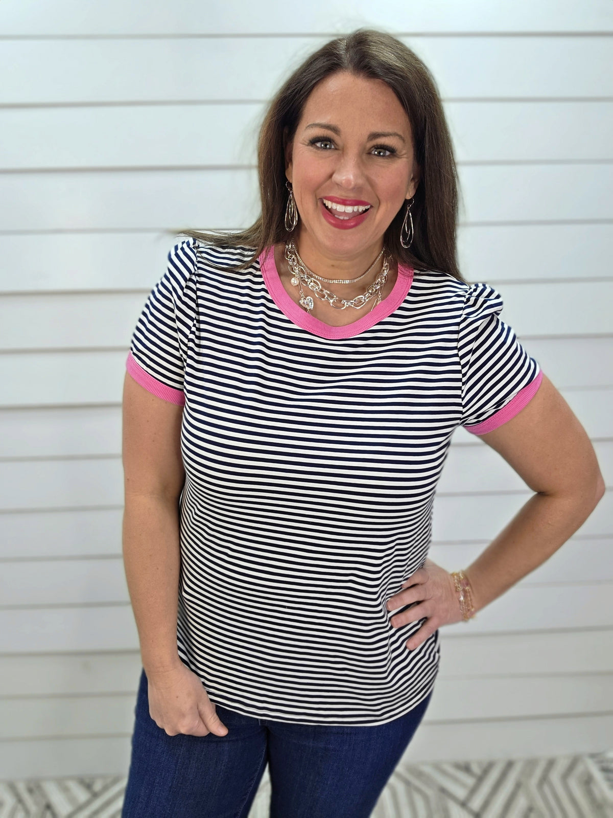 NAVY STRIPED KNIT TOP W/ PINK TRIM AND SMALL PUFF SLEEVE