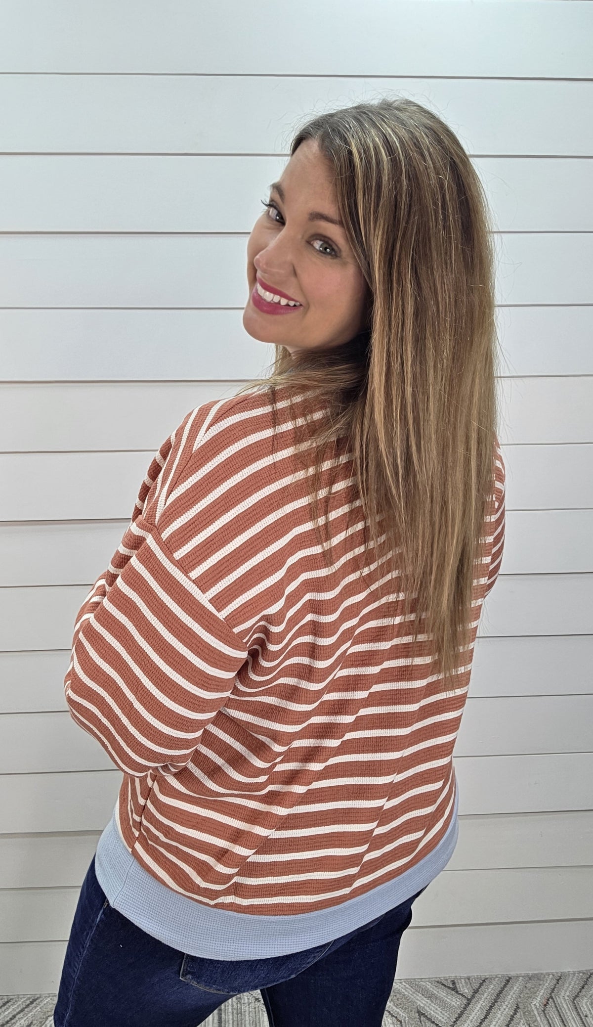 DARK MAUVE/BLUE CLOUD FABRIC STRIPED KNIT TOP