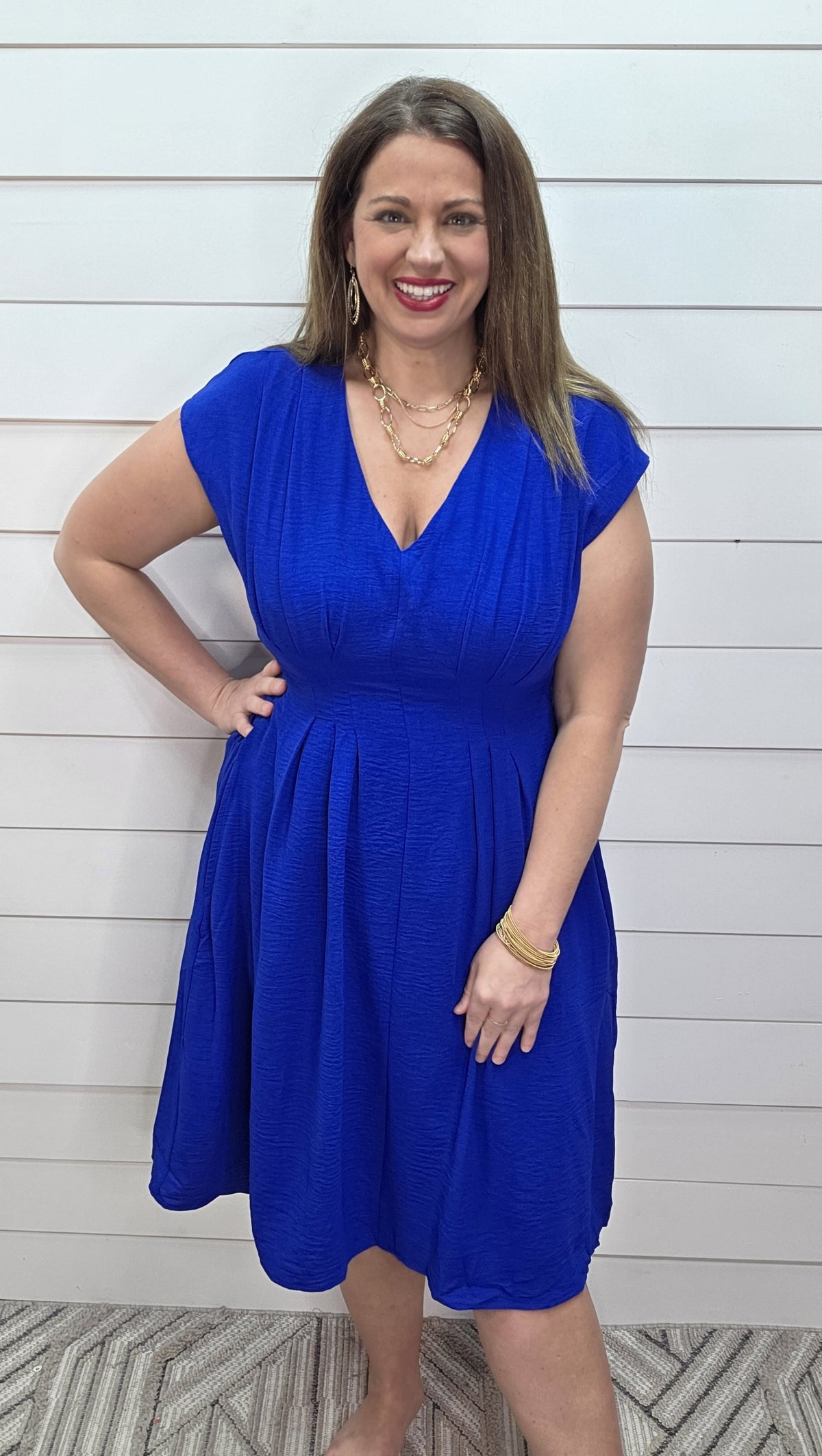 ROYAL BLUE V NECK PLEATED SMOCKED WAISTED CAP SLEEVE DRESS