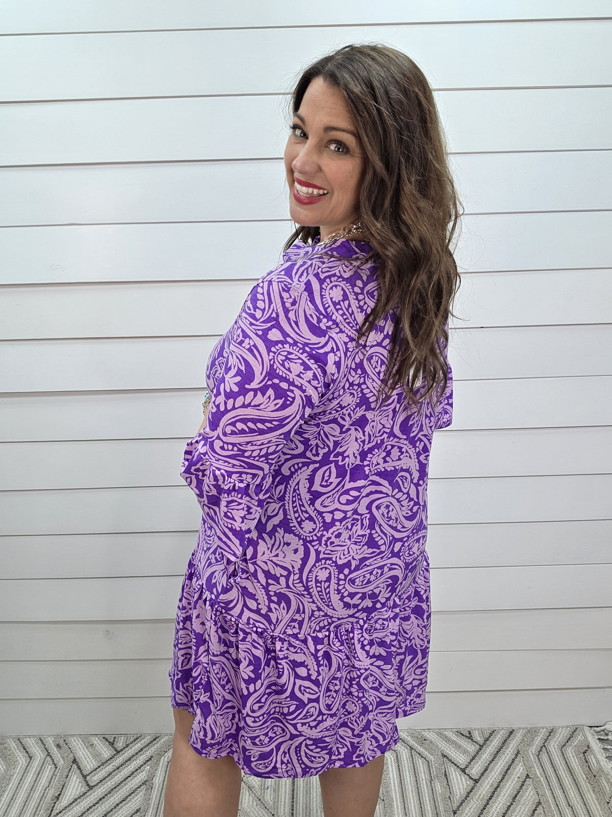 DEAR SCARLETT SUNDAY 3/4 SLEEVE RUFFLE DETAIL DRESS - LILAC/PURPLE PRINT