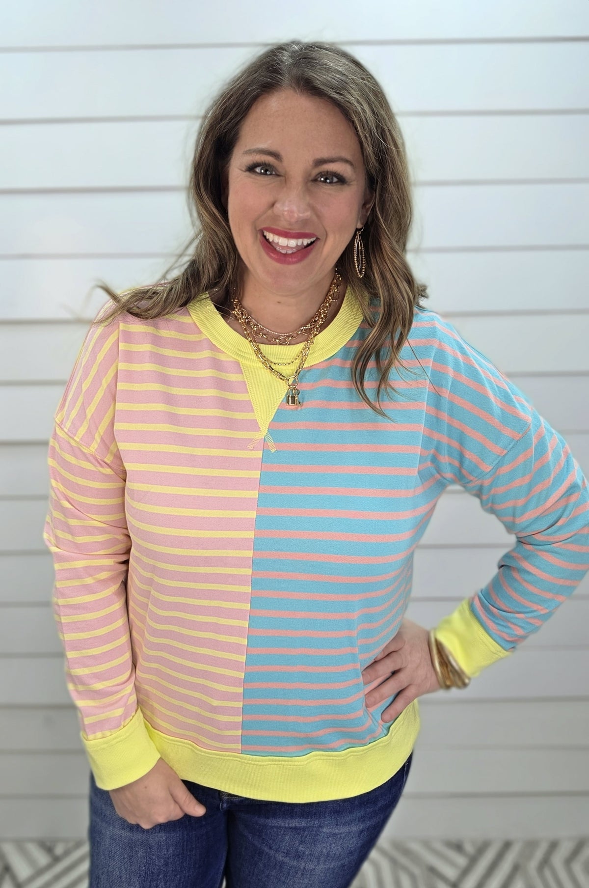 PINK/LEMON/BLUE STRIPED CONTRAST FRENCH TERRY COLORBLOCK WITH CENTER SEAM