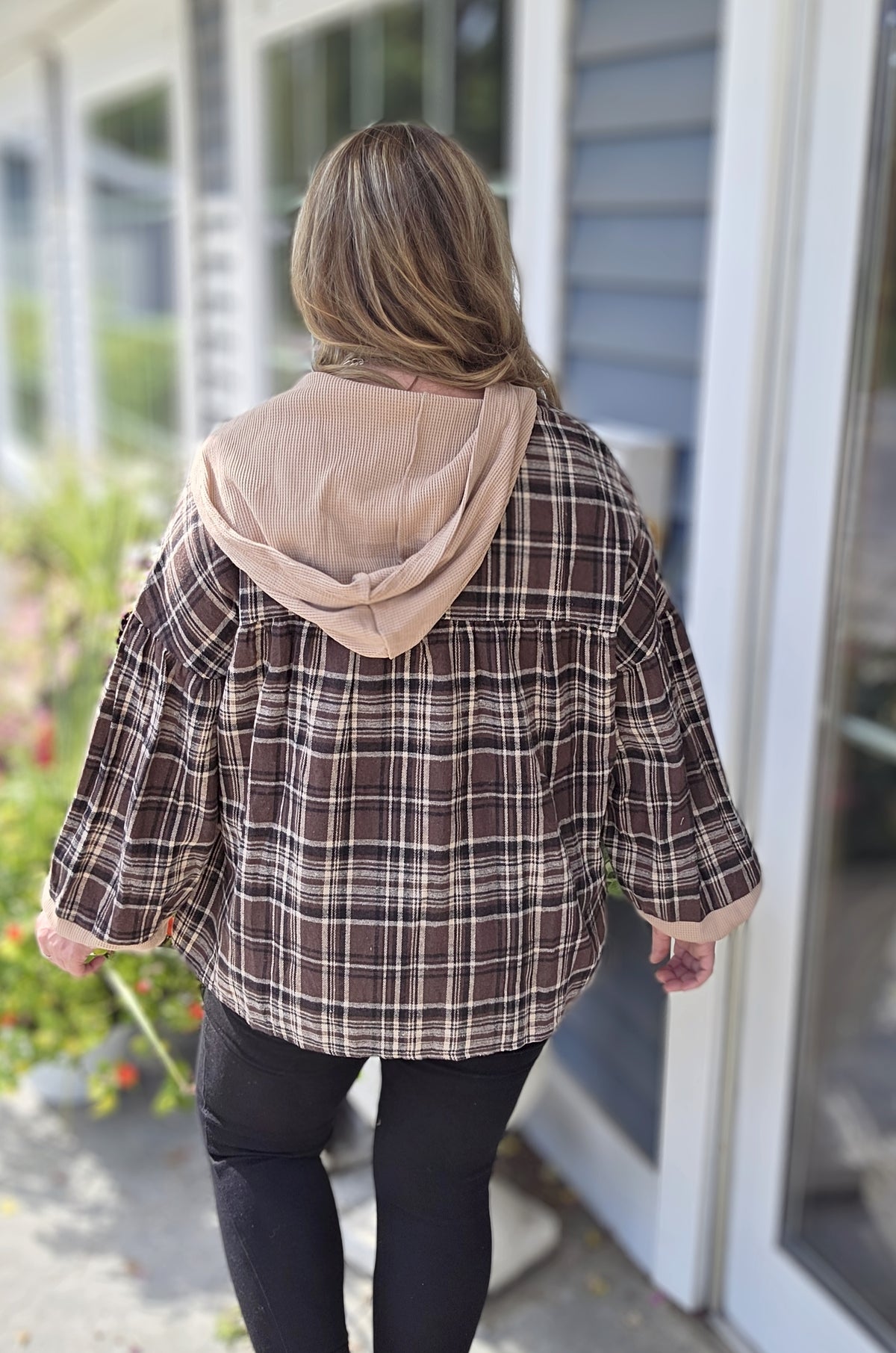 BROWN PLAID LONG SLEEVE HOODED TOP