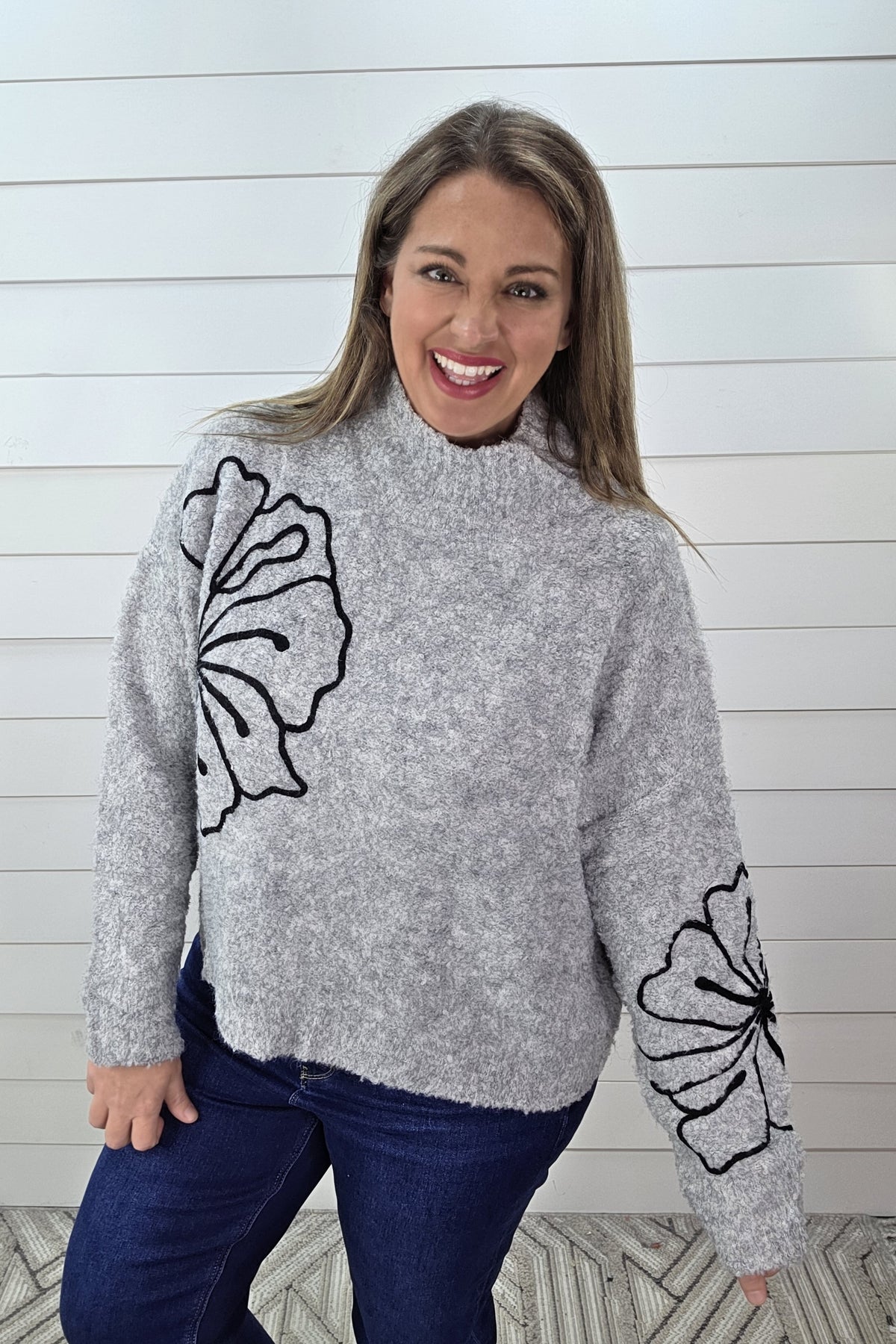 GREY PLUSH 3D FLORAL MOCK NECK SWEATER