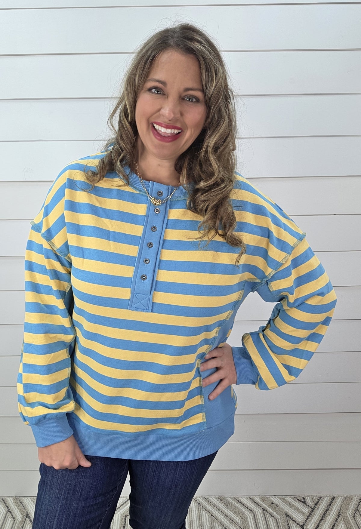 YELLOW/BLUE STRIPED FRENCH TERRY HENLEY PULLOVER