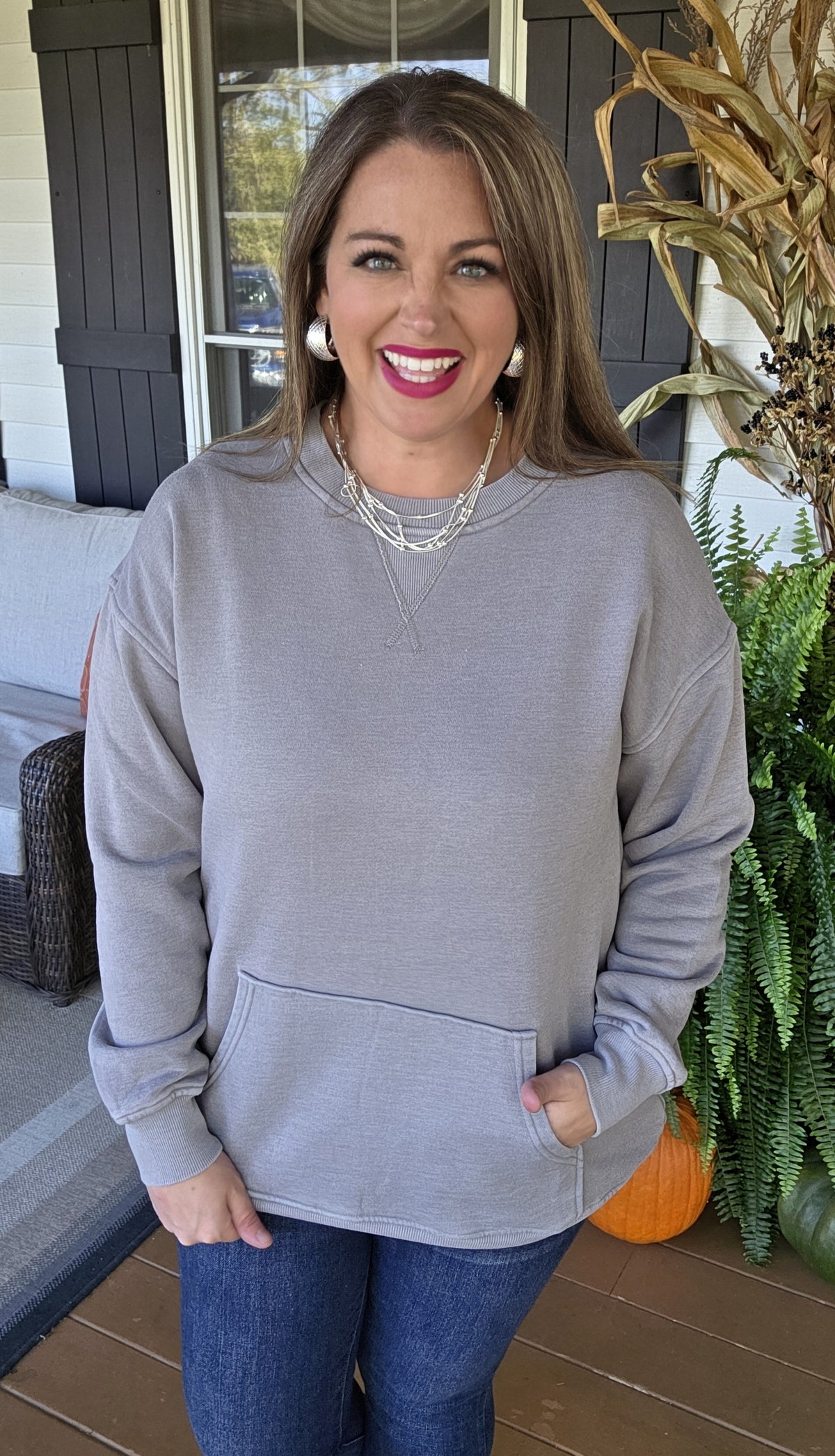 GREY MINERAL WASH PULLOVER W/ KANGAROO POCKET