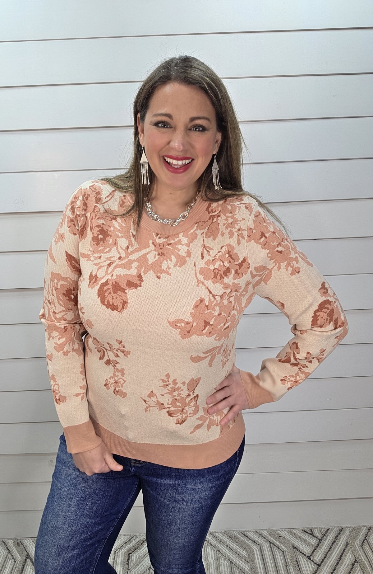 LT SALMON FLORAL KNIT PULLOVER SWEATER