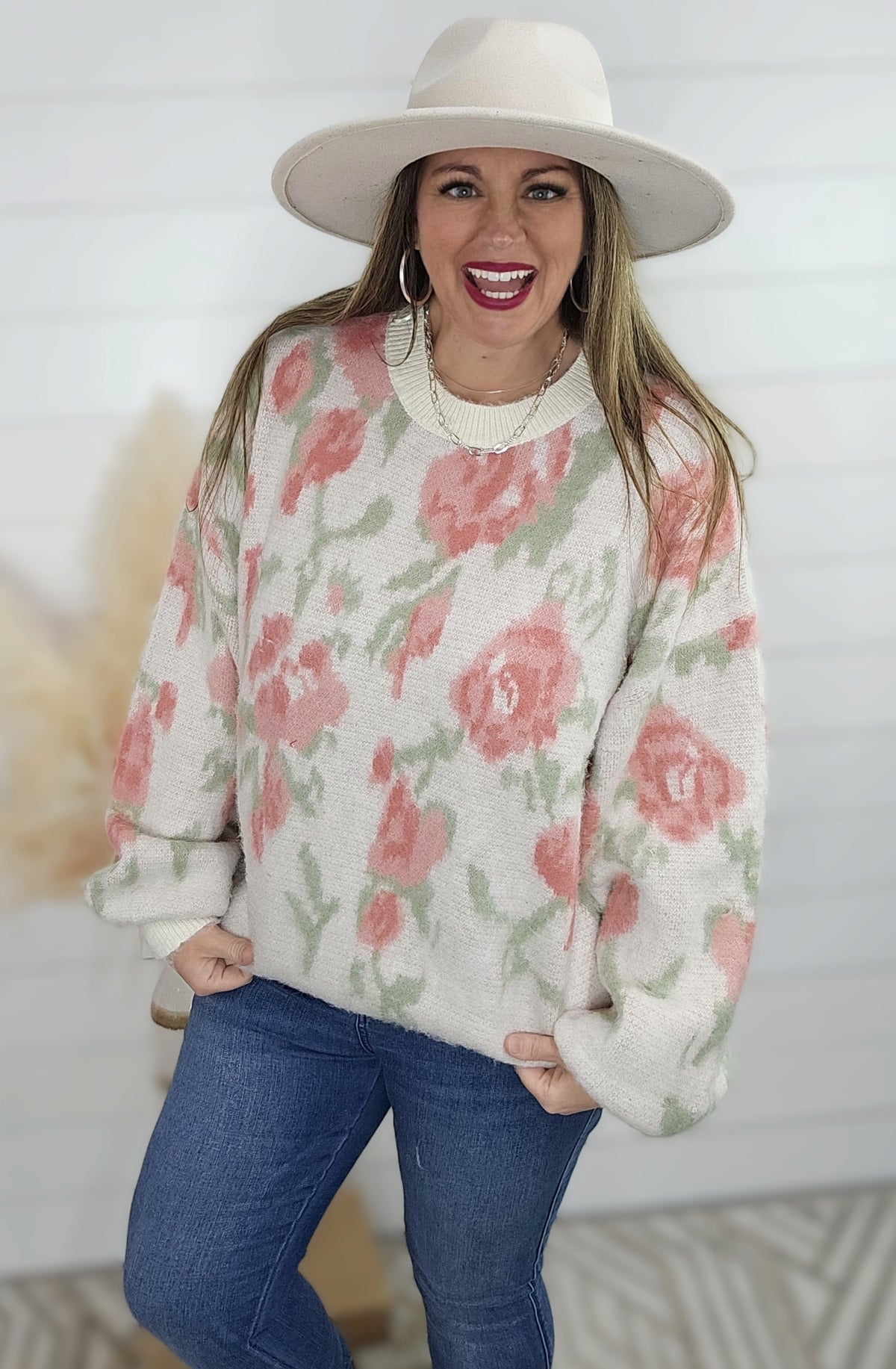 IVORY ROSE FUZZY KNIT SWEATER