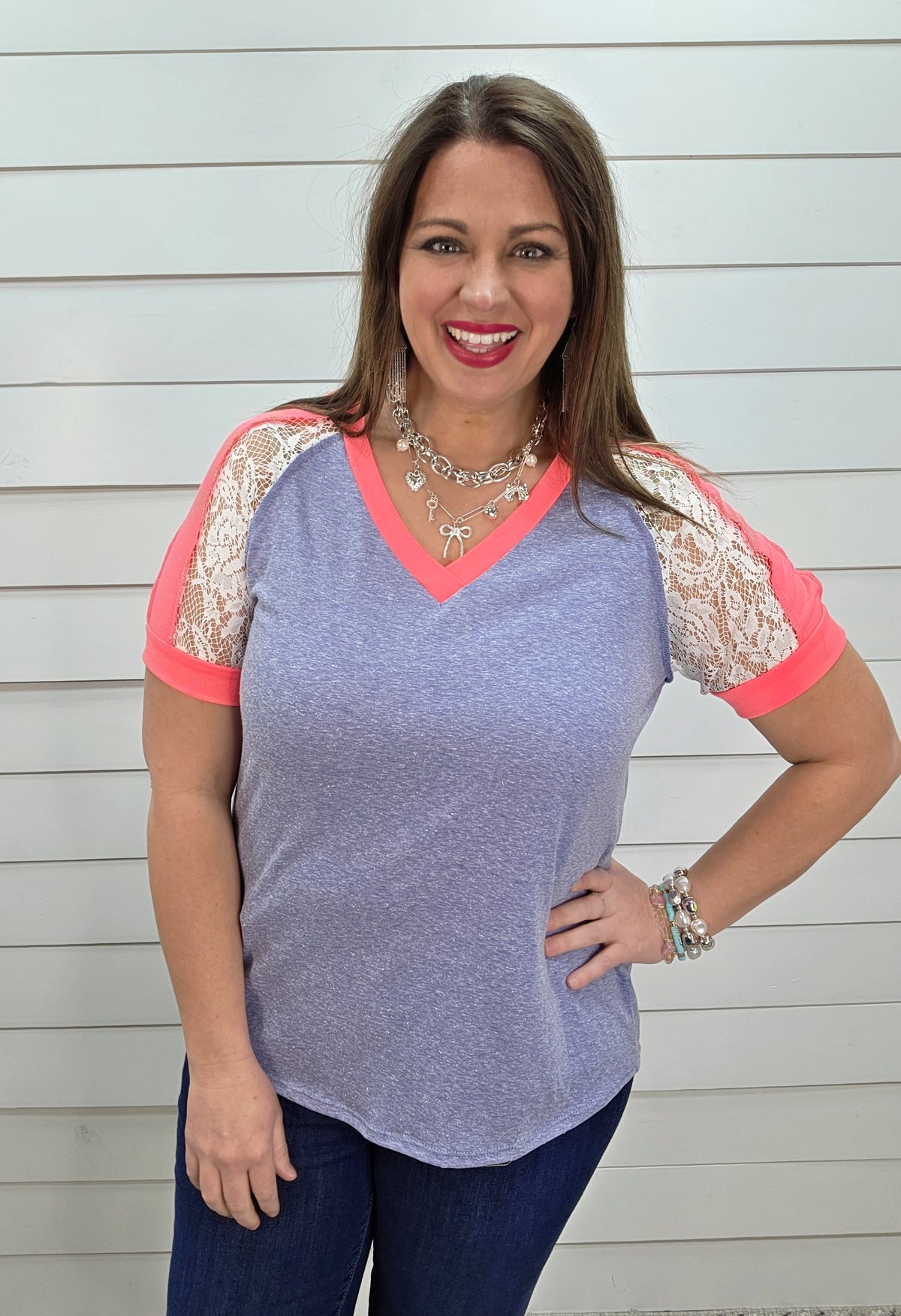 HEATHERED DENIM BLUE COTTON BLEND KNIT TOP W/ HOT PINK AND LACE TRIM