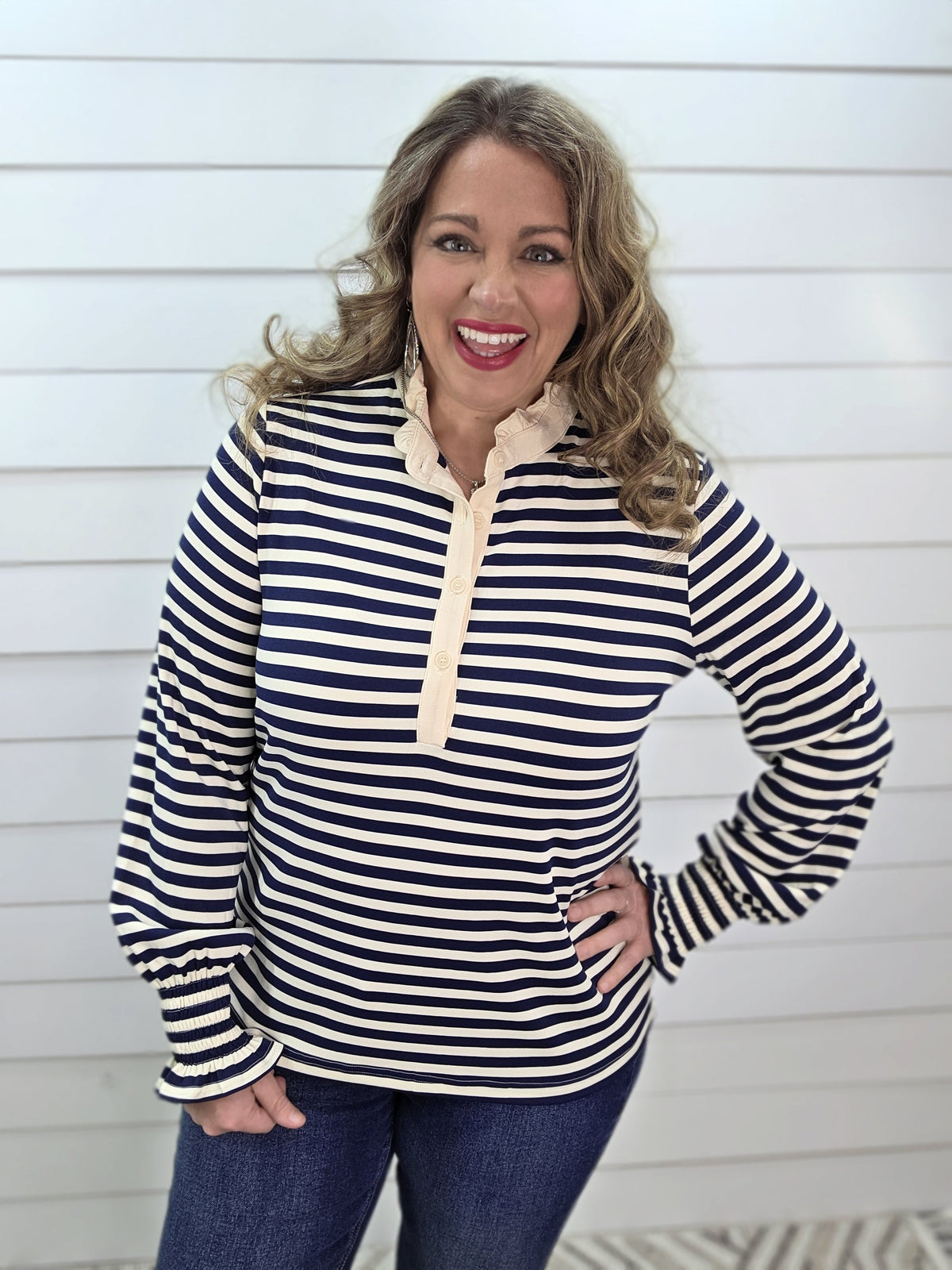 NAVY STRIPED HIGH RUFFLE NECKLINE WITH SMOCKED SLEEVES KNIT TOP