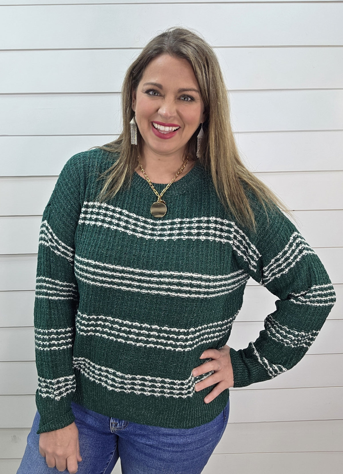 HUNTER GREEN STRIPED TEXTURED PULLOVER SWEATER