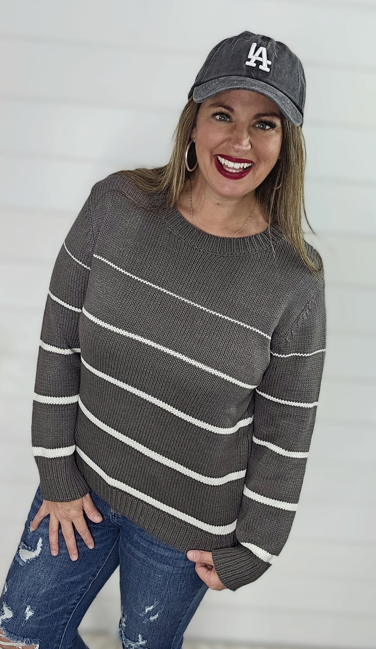 CHARCOAL PINSTRIPE COTTON BLEND SWEATER