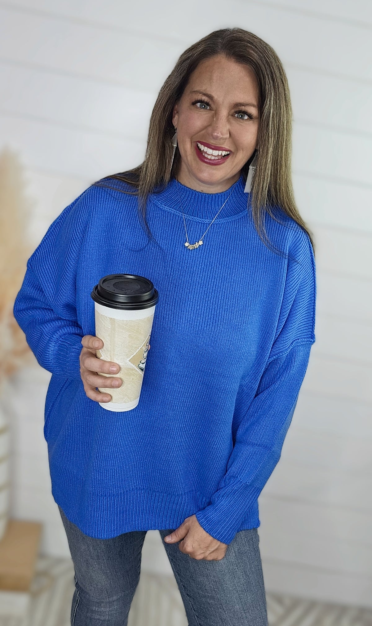 BLUE DROP SHOULDER OVERSIZED MOCK NECK SWEATER