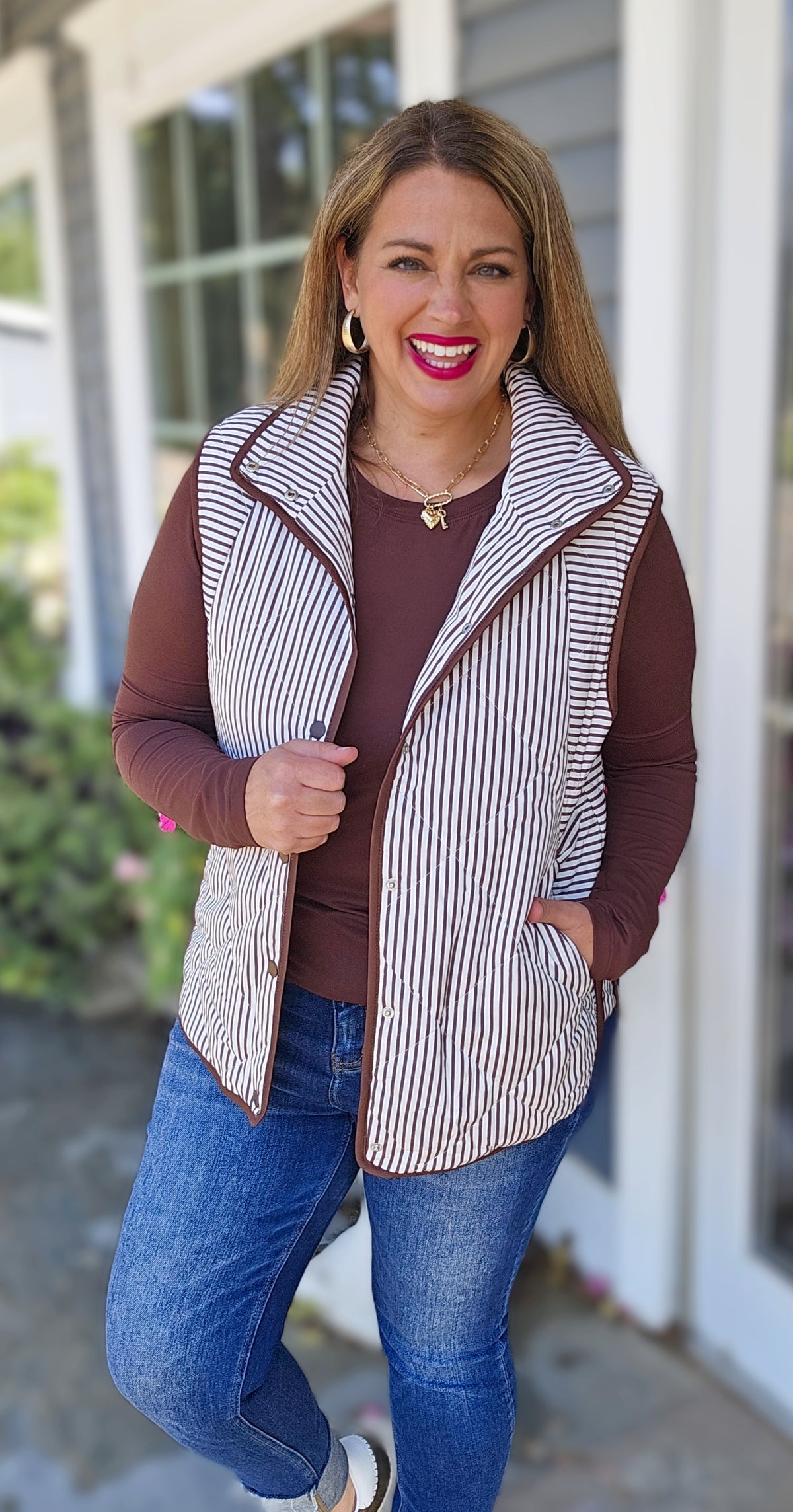 BROWN AND WHITE PINSTRIPED SNAP BUTTON VEST