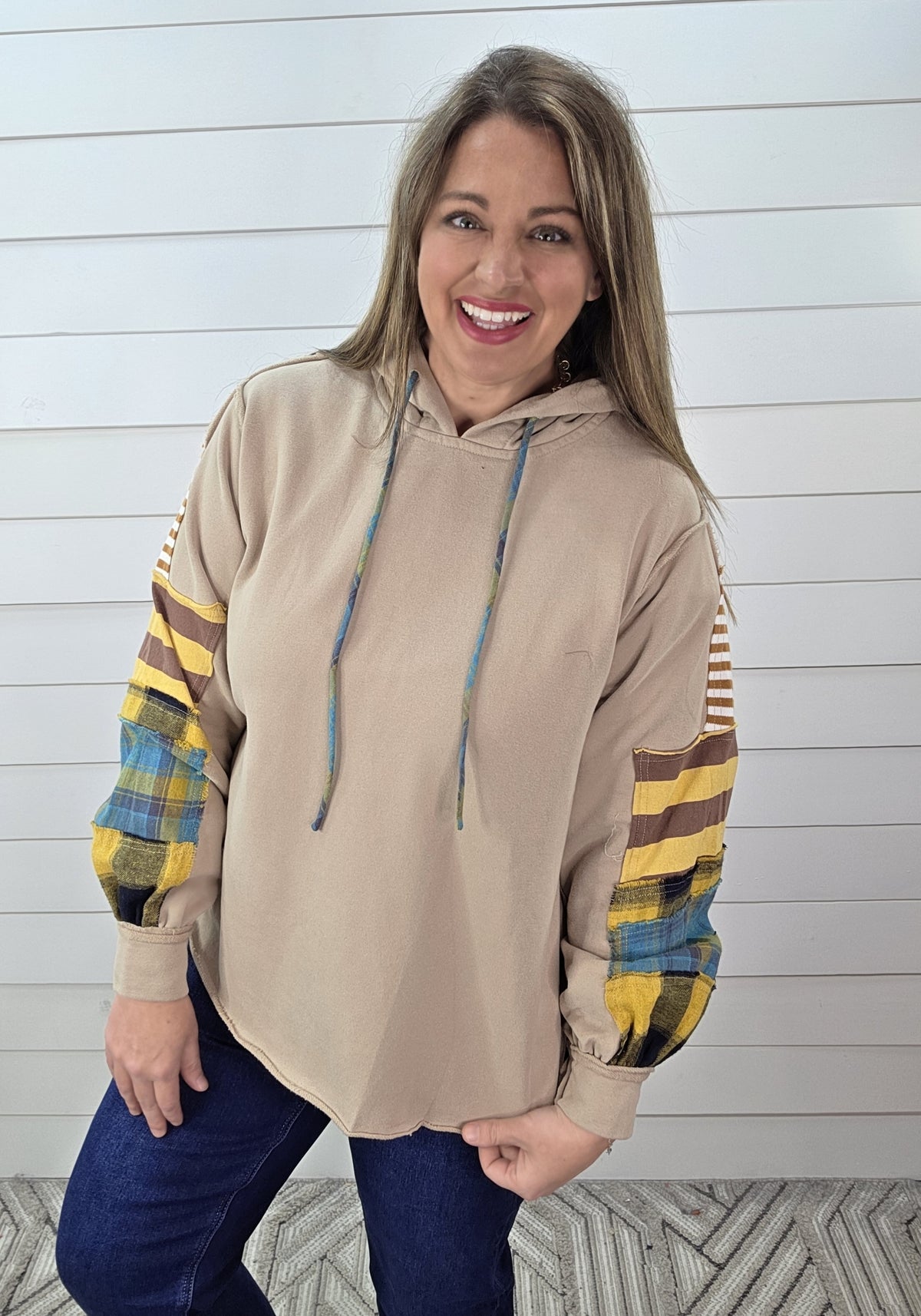 KHAKI FRENCH TERRY PLAID MIX CONTRAST OVERSIZED HOODIE