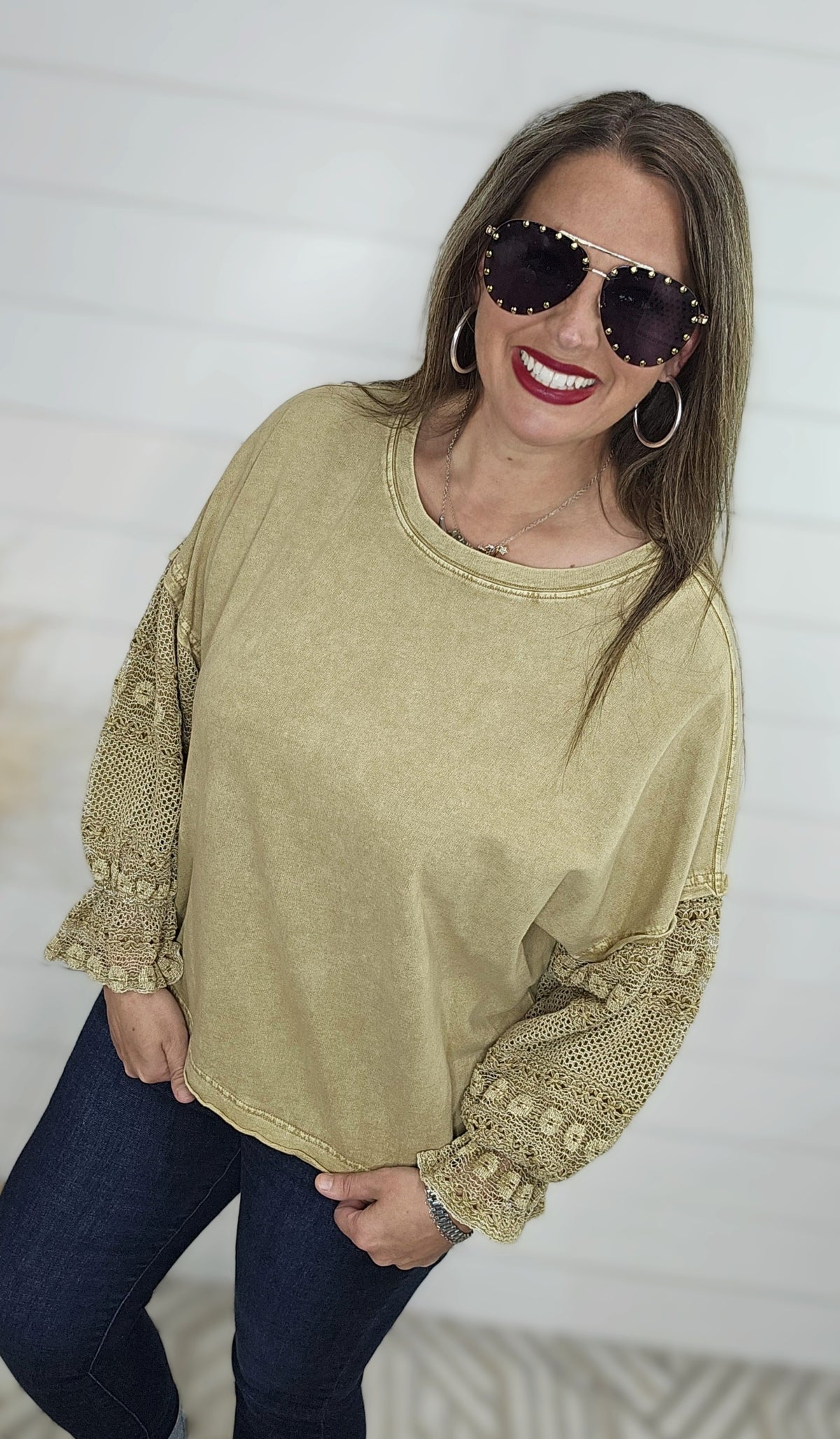 MINERAL WASH CAMEL TOP W/ LACE TRIM SLEEVE