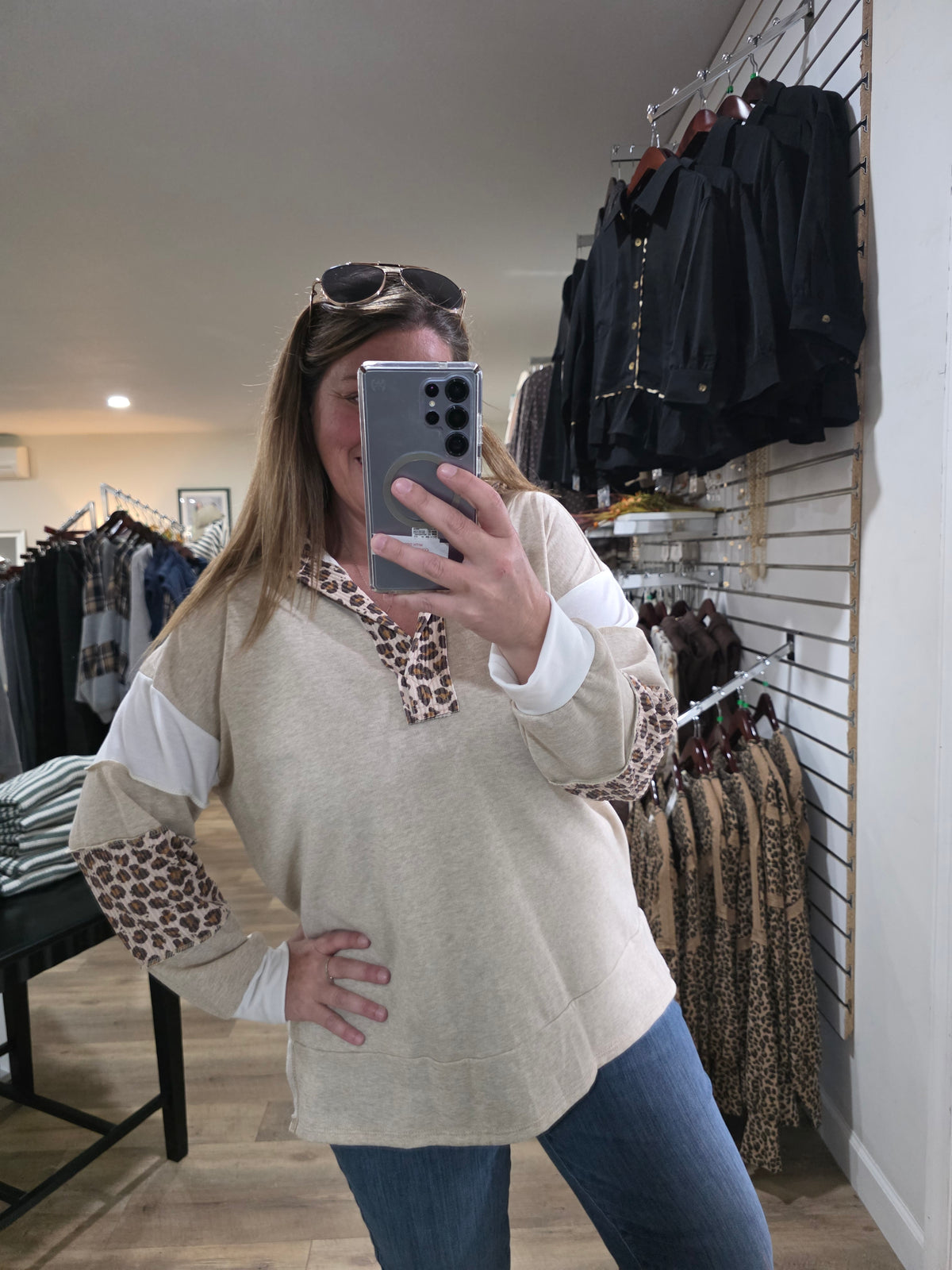 TAUPE OATMEAL/Animal Print Long Sleeves FRENCH TERRY TOP