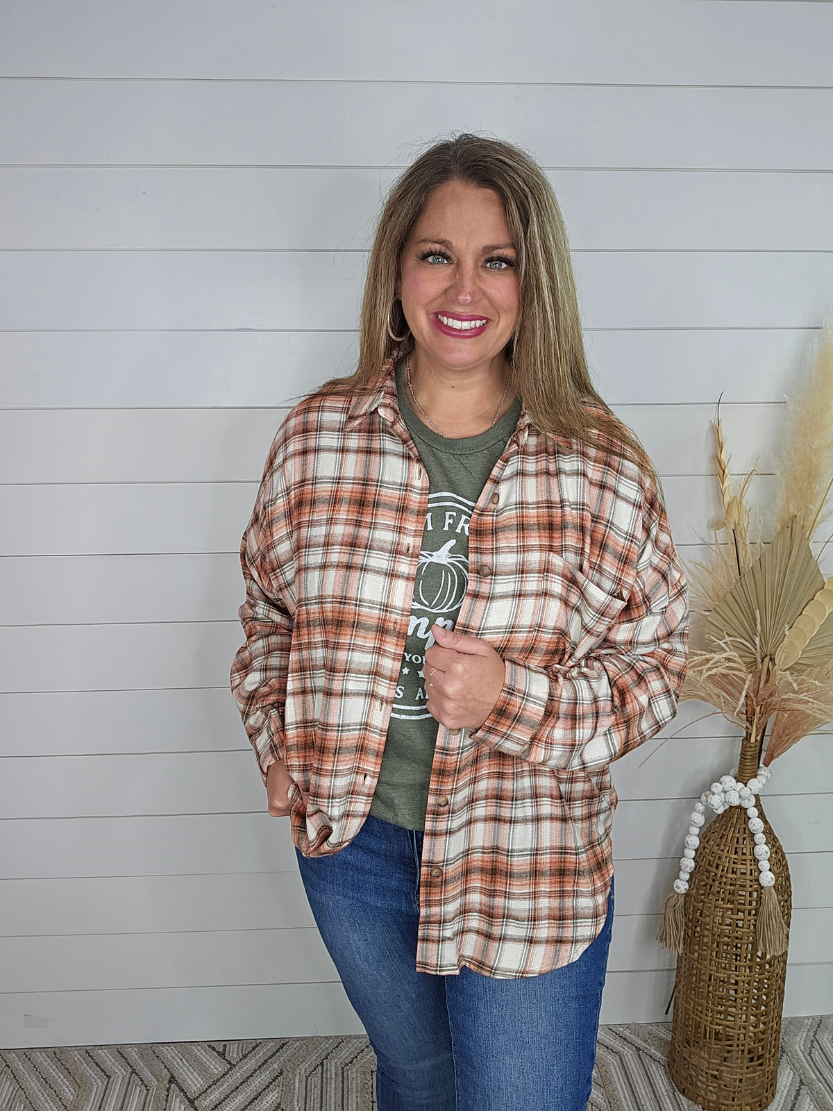 TERRA COTTA RELAXED FIT LIGHT WEIGHT PLAID BUTTON UP