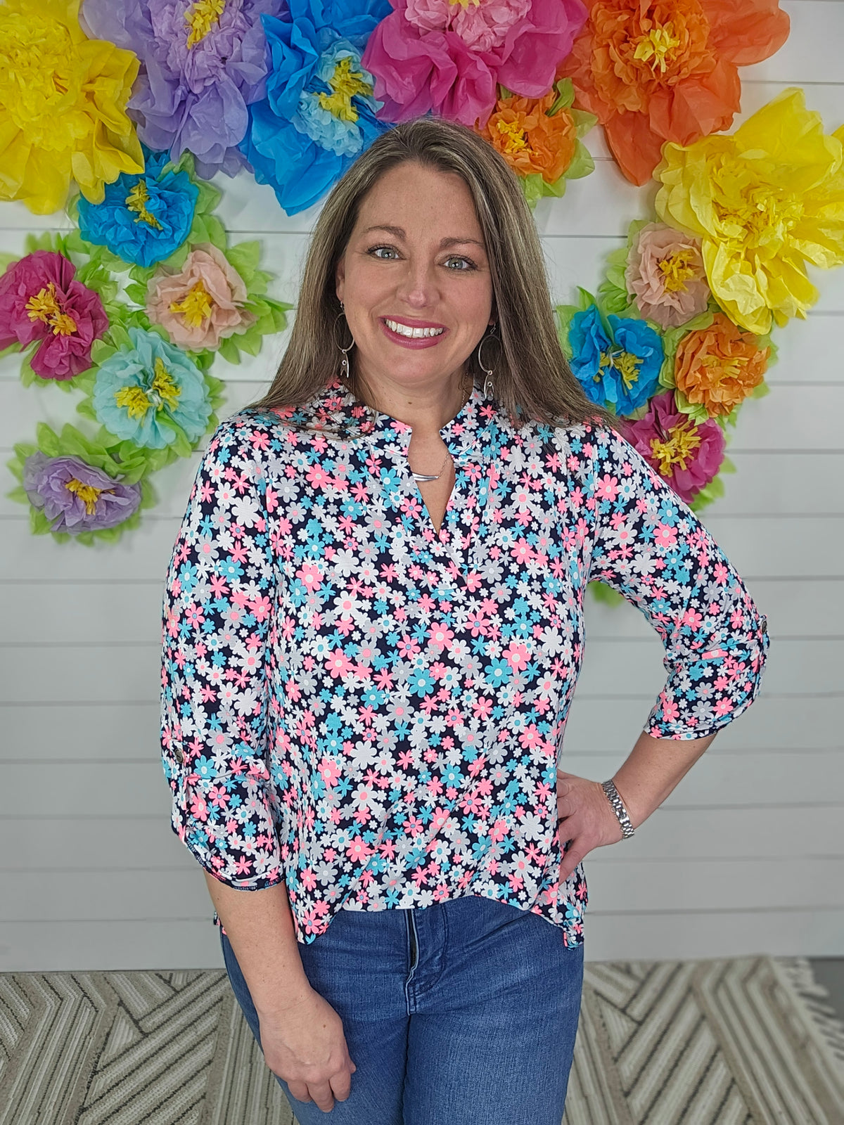 BLACK/NEON PINK/MINT FLORAL 3/4 SLEEVE LIZZY TOP