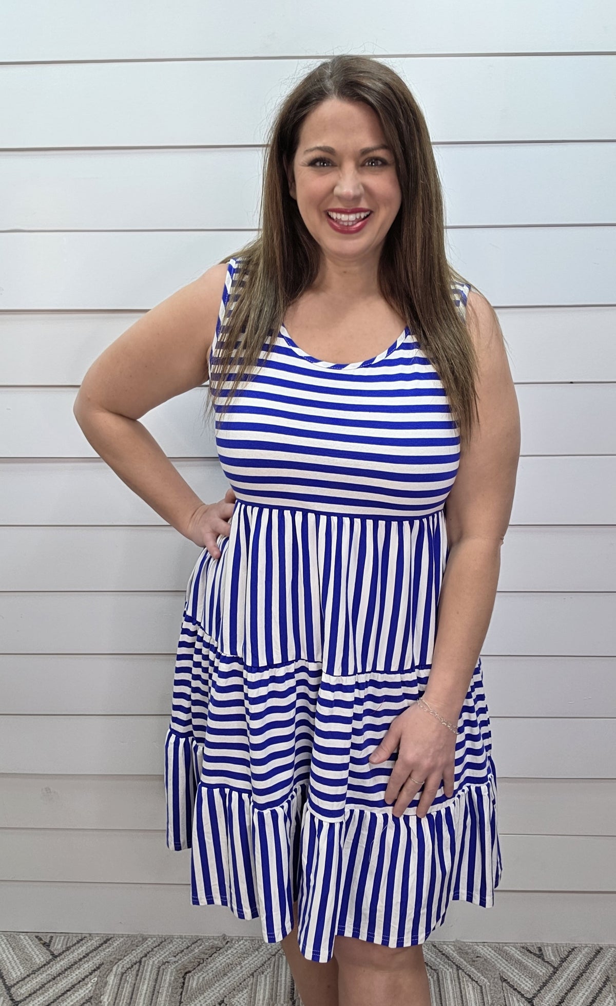 BLUE/WHITE CONTRAST STRIPED KNIT DRESS