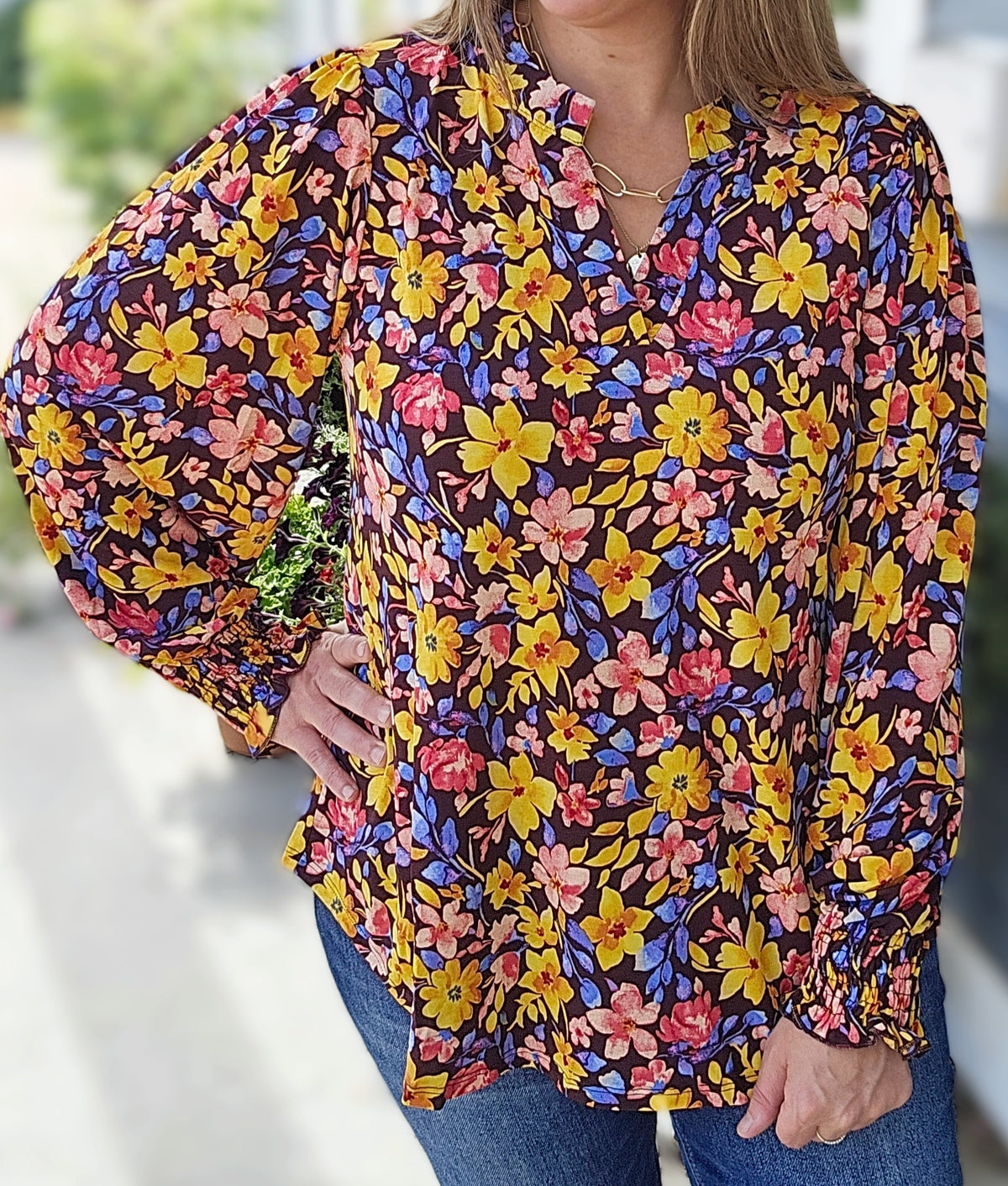 DEAR SCARLETT CHOCOLATE MULTI FLORAL LONG SLEEVE SMOCKED LIZZY