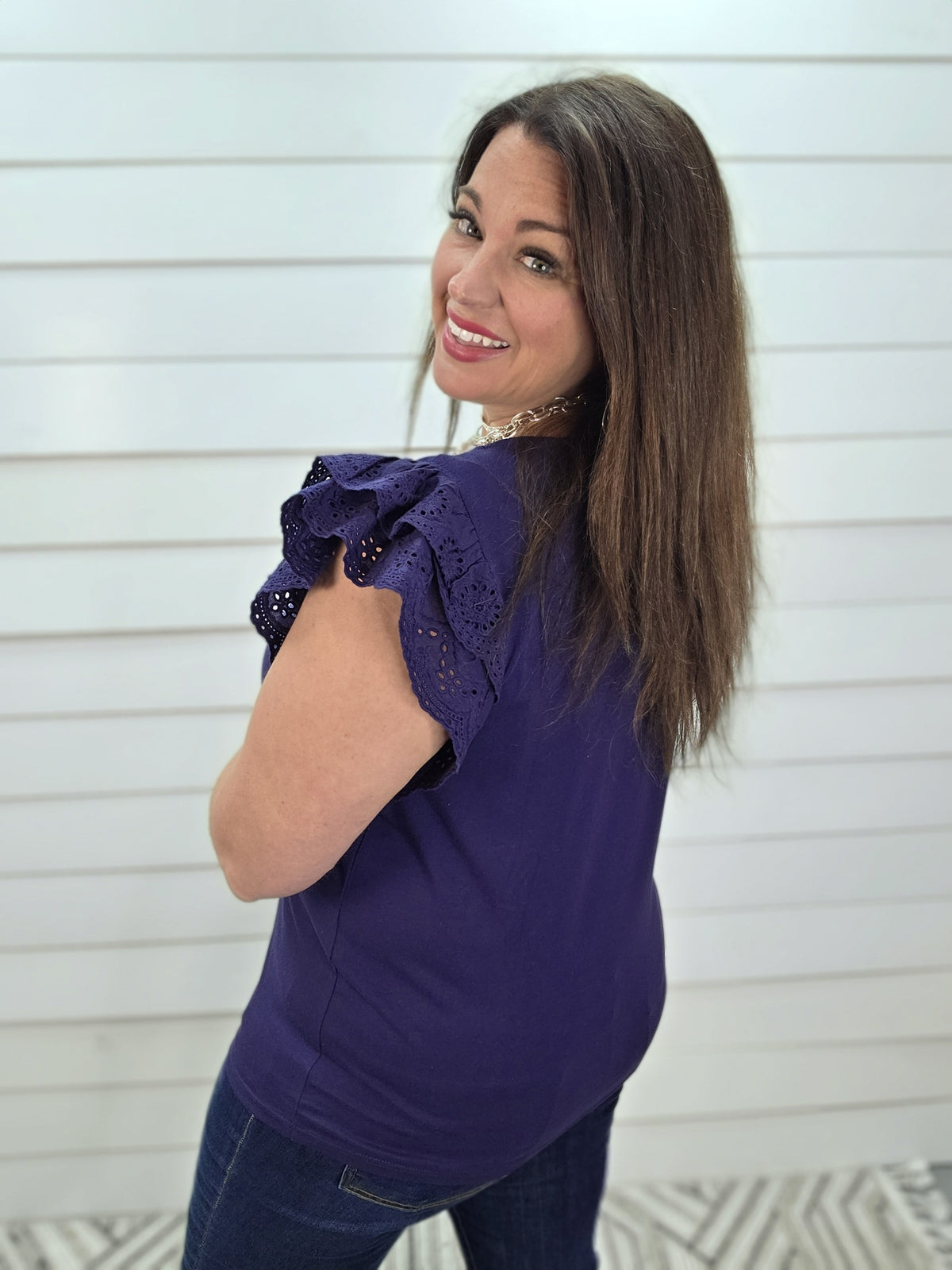 NAVY KNIT TOP W/ LACE DOUBLE RUFFLE SLEEVES