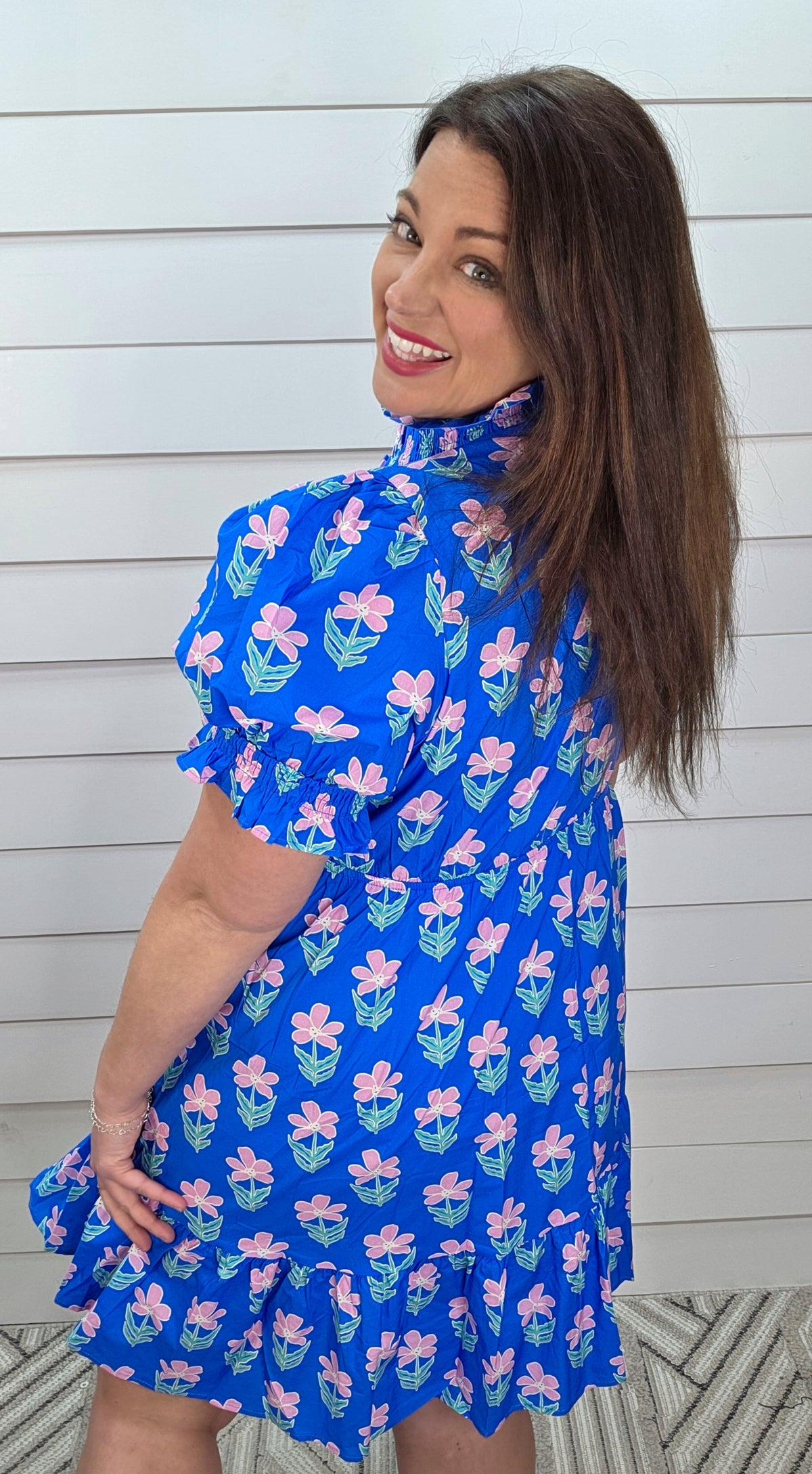 BLUE/PINK FLORAL ELASTIC WAIST DRESS