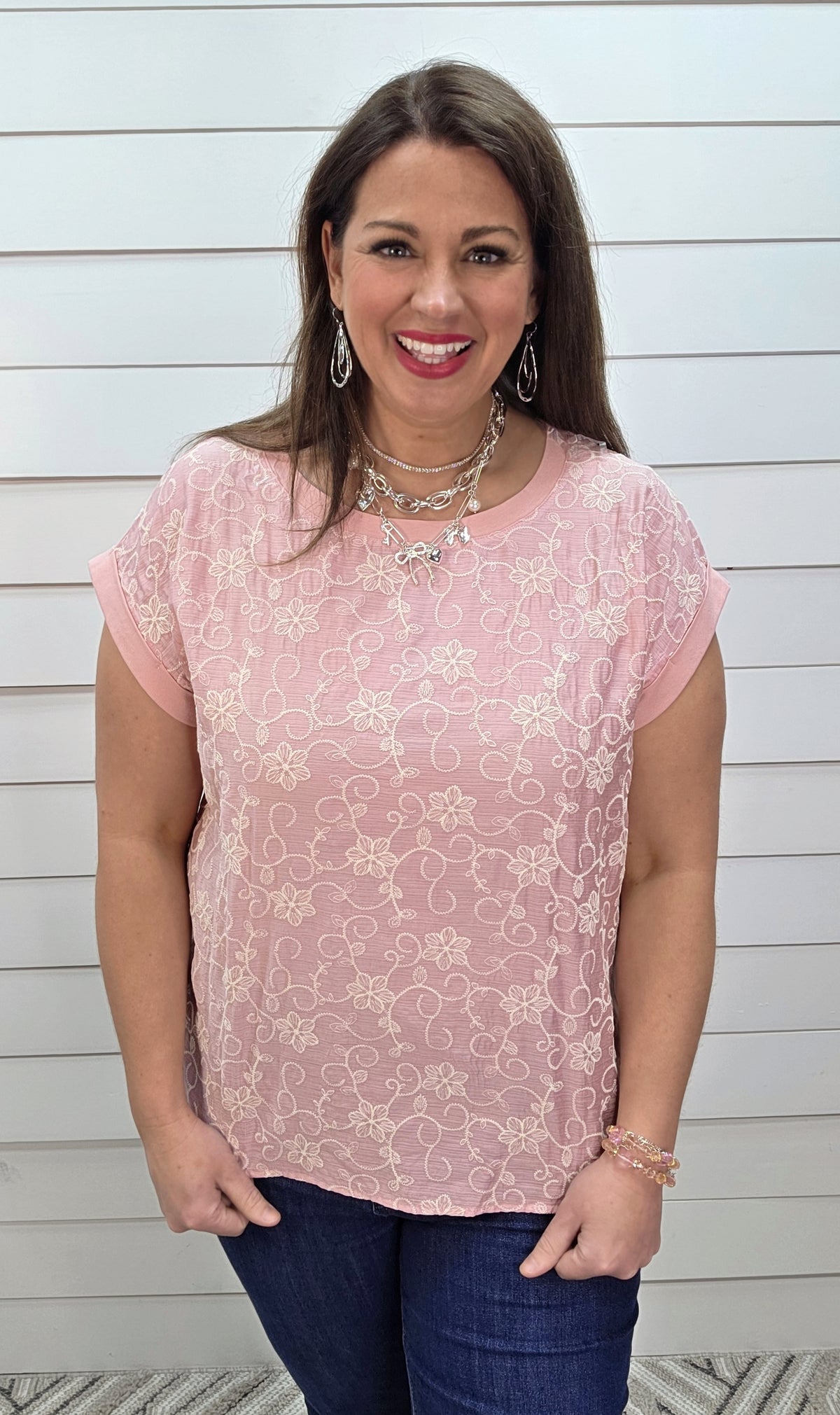 BLUSH FLORAL EMBROIDERED KNIT TOP W/ CAP SLEEVE