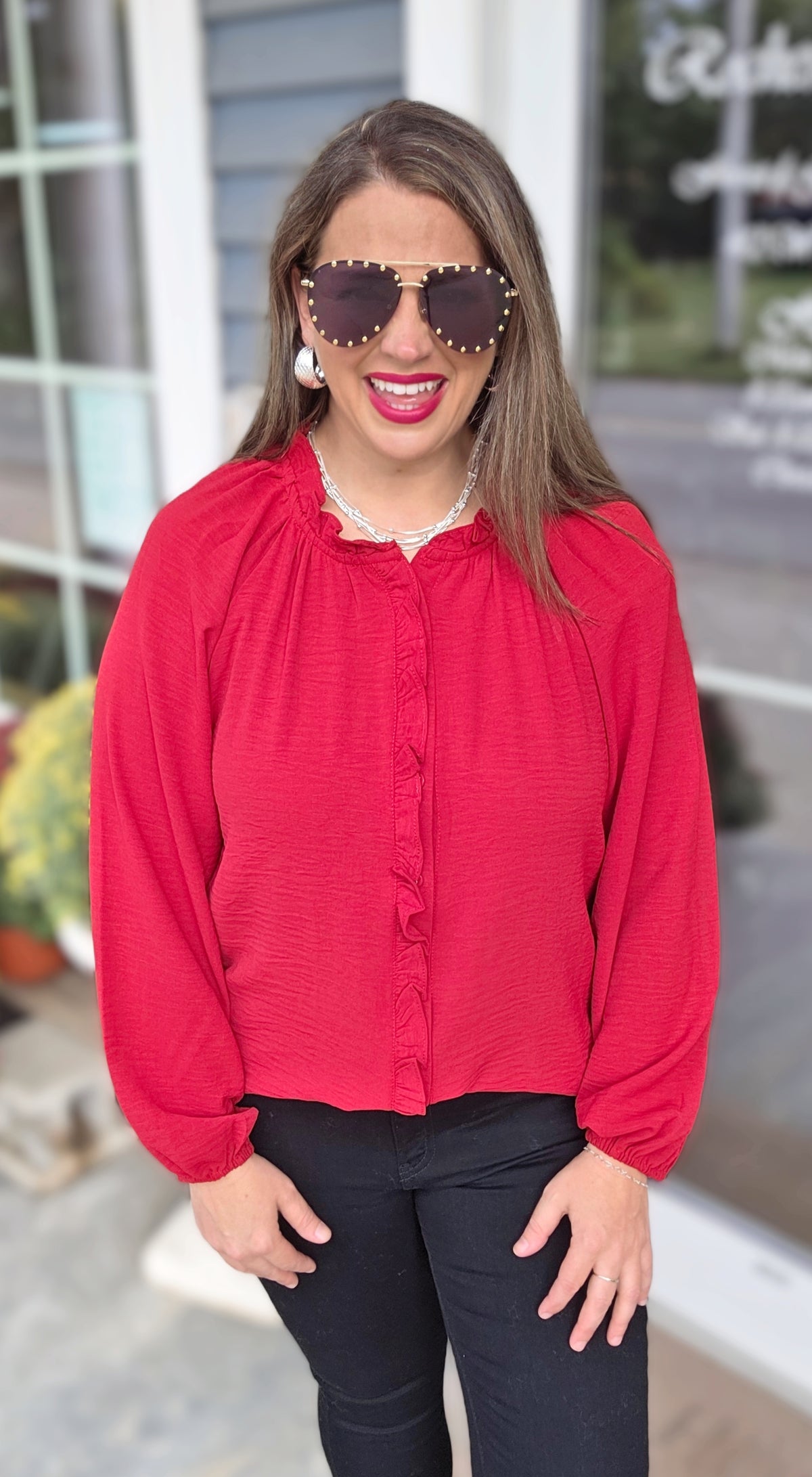 WINE FRILL TRIM LONG SLEEVE BUTTON UP WOVEN BLOUSE