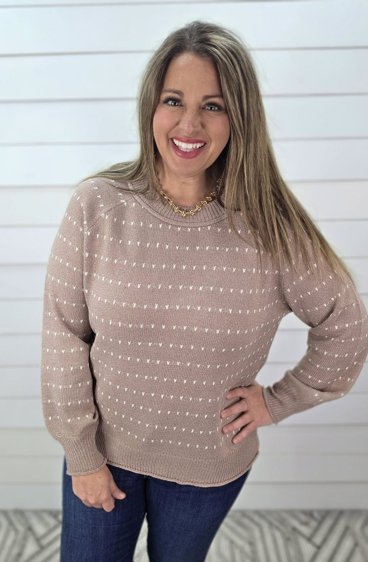 TAUPE DOT TEXTURED TRIM PULLOVER SWEATER