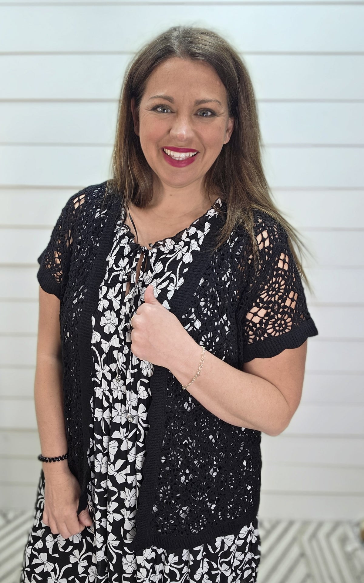 BLACK OPEN CROCHET SHORT SLEEVE CARDIGAN