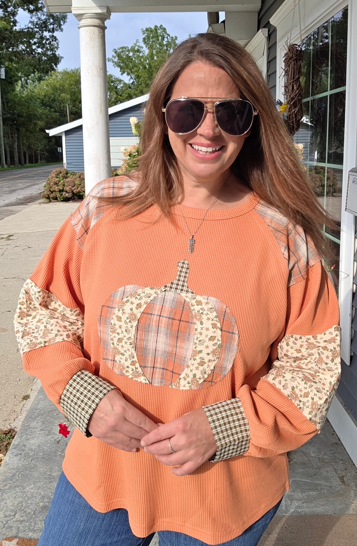 RUST Round Neck Plaid Check Floral Print Pumpkin long Sleeve Thermal Knit