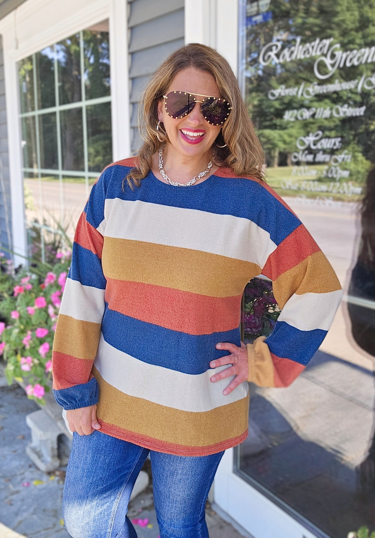 MULTI COLOR WIDE STRIPED BRUSHED KNIT CREW NECK