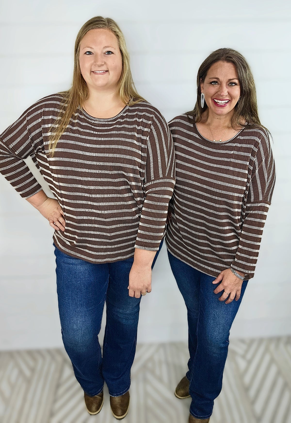 BROWN STRIPED RASIED RIBBED DOLMAN TOP