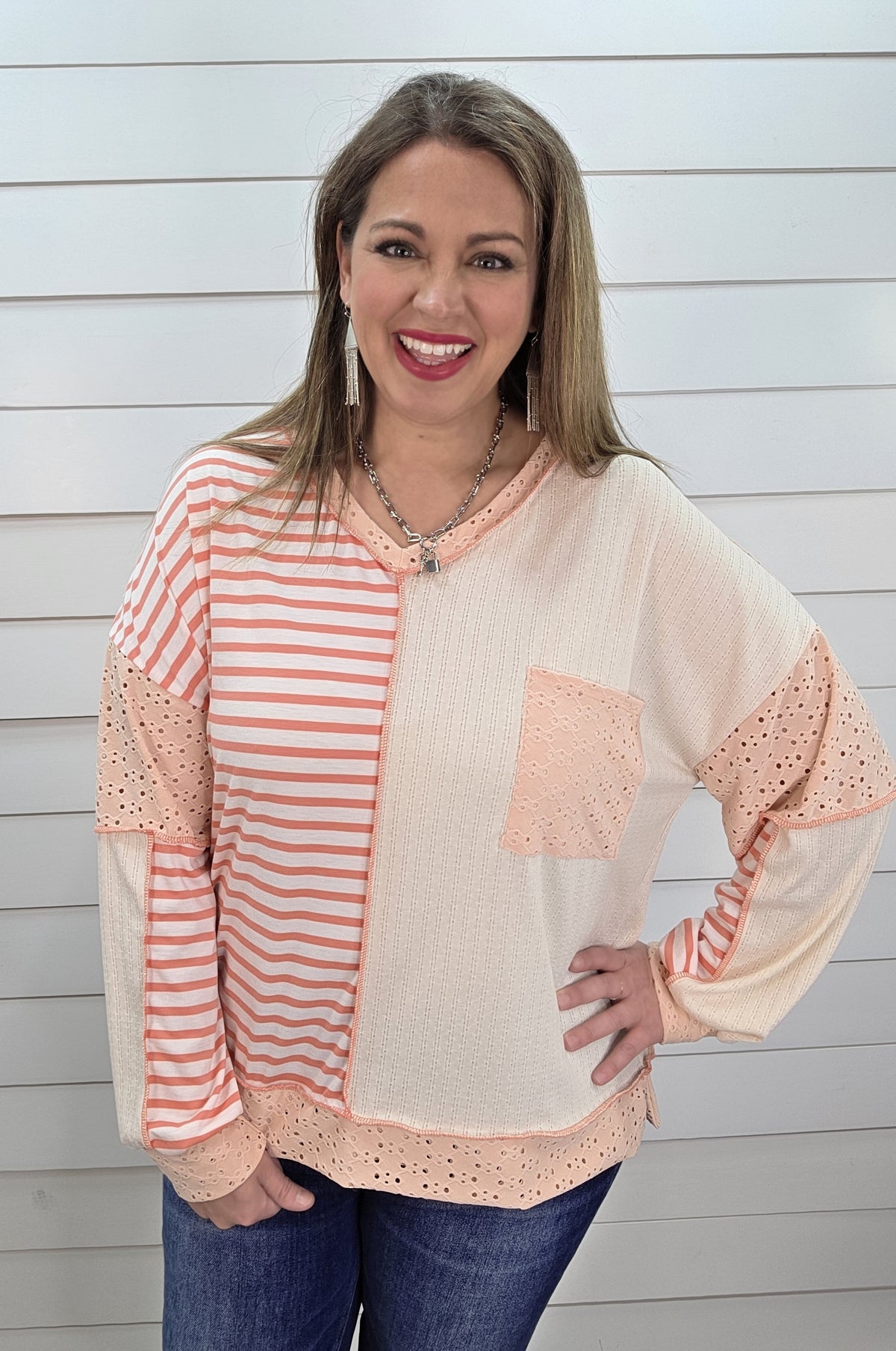 OATMEAL/BLUSH/CORAL CONTAST KNIT LOOSE FIT TOP