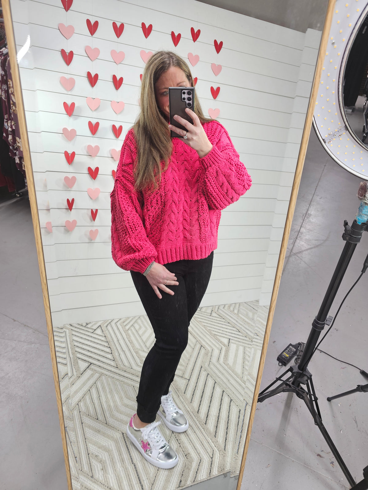 POL MAGENTA CHENILLE CABLE KNIT SWEATER