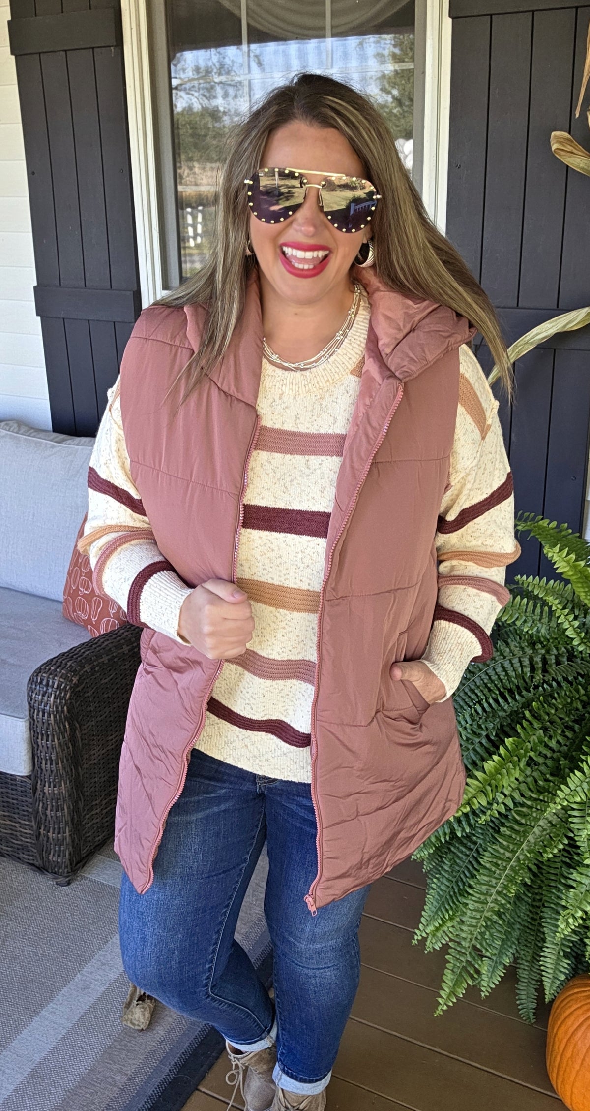 OATMEAL/ROSE SPECK STRIPED KNIT LIGHT WEIGHT SWEATER