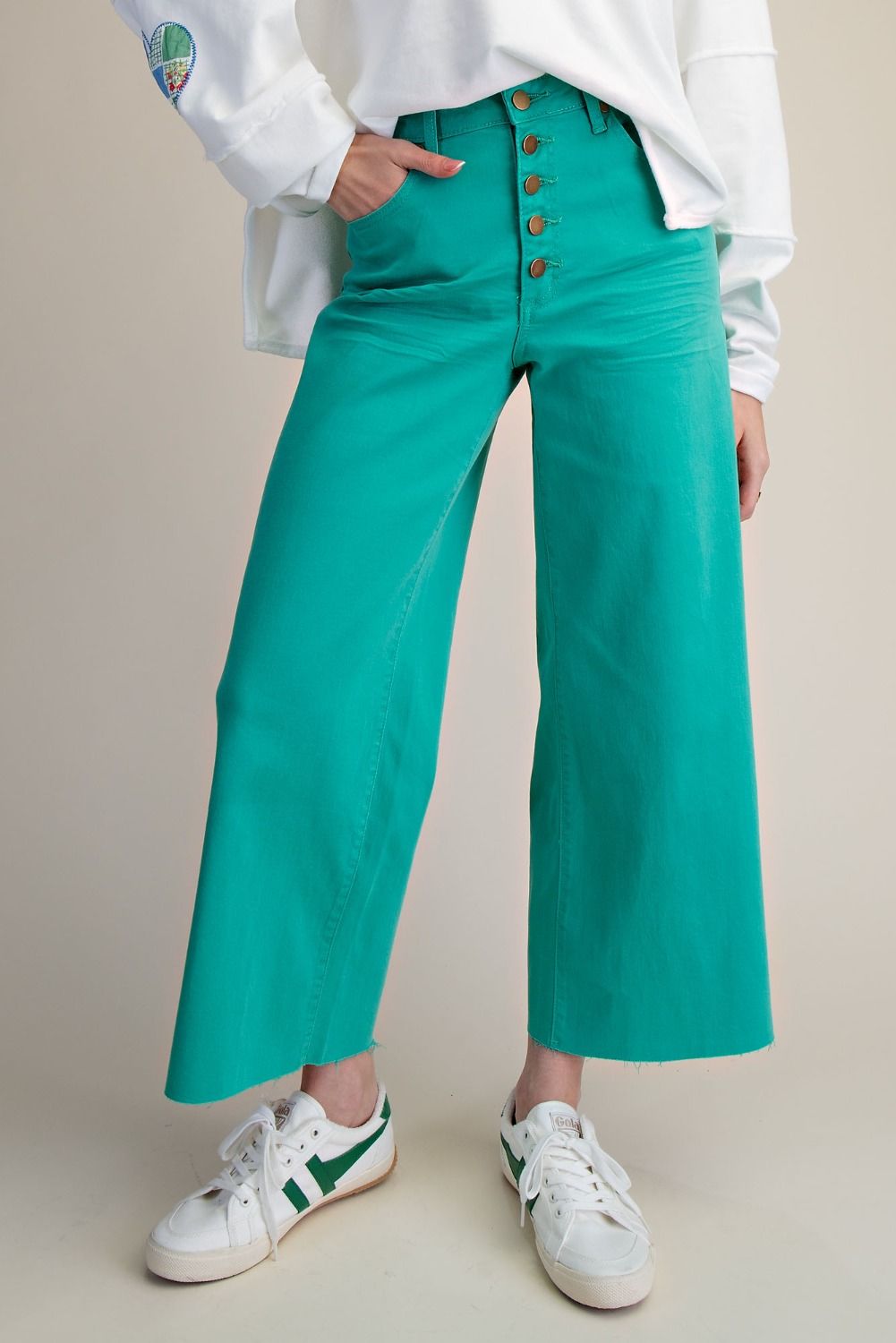 CLOVER GREEN BUTTON FRONT STRETCH WIDE LEG JEANS