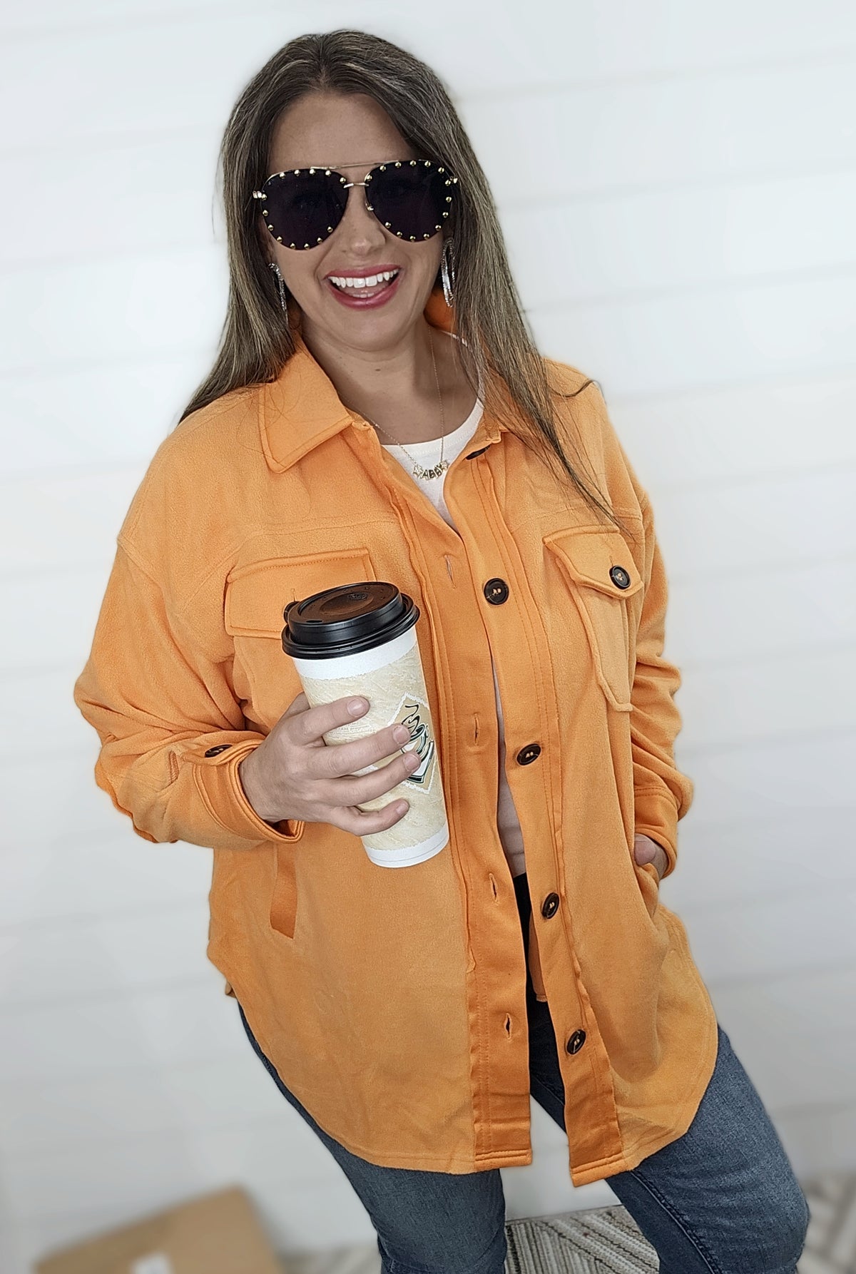 OVERSIZED PLUSH FLEECE SHACKET - ORANGE